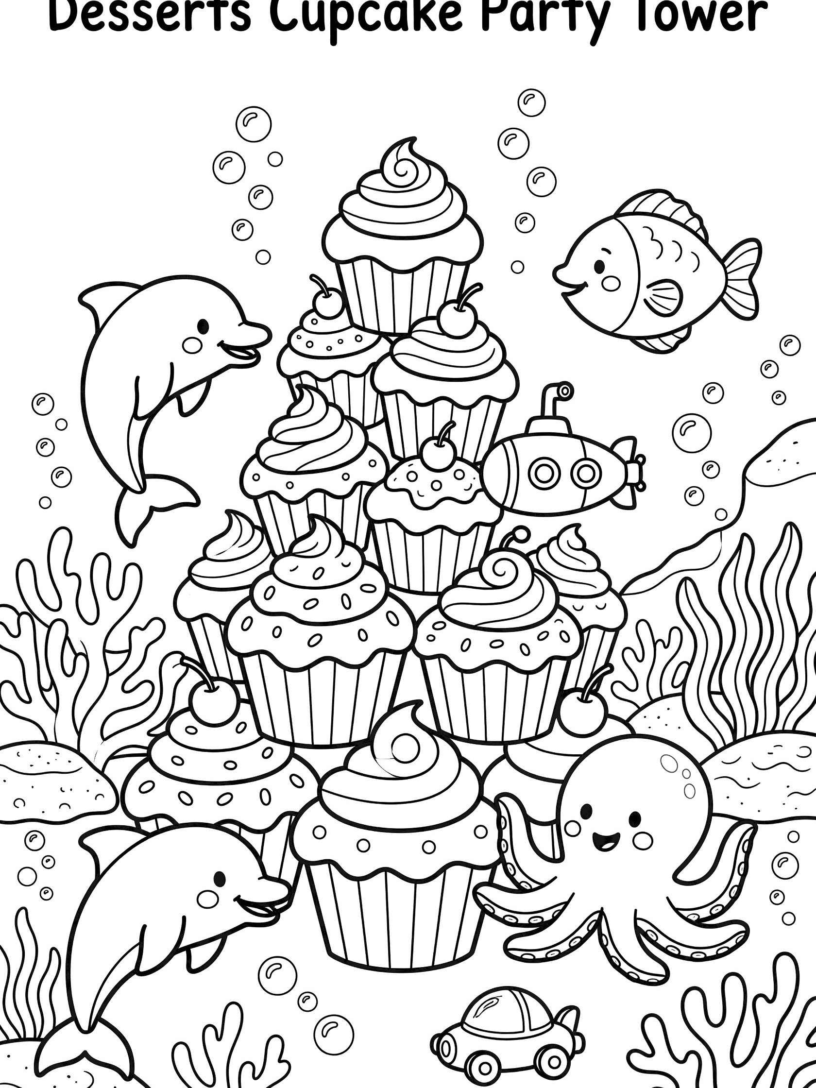 Black and white printable coloring page showing a tower of stacked cupcakes with frosting, surrounded by dolphins, fish, octopus, submarine, small car, seaweed, and bubbles in cute cartoon style.