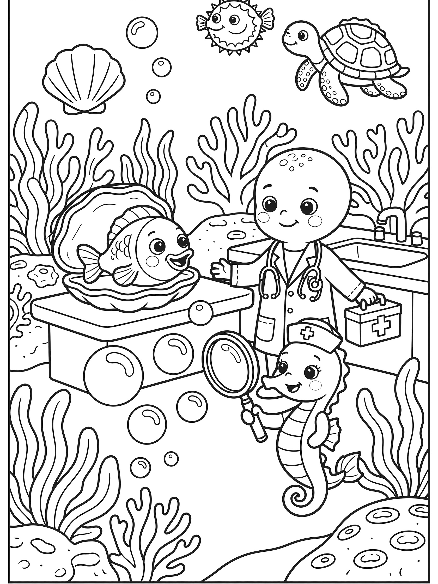 Black and white coloring page showing underwater doctor clinic scene with smiling doctor examining cute seahorse patient on exam table, surrounded by ocean friends and bubbles.