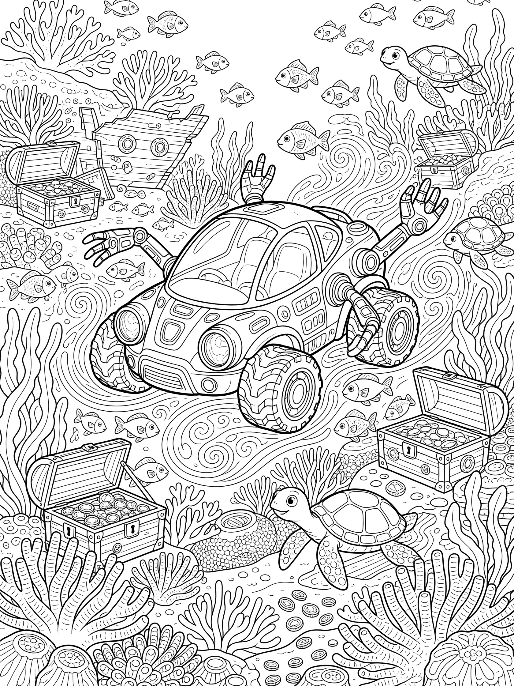 Black and white coloring page of a cartoon concept car exploring underwater with big headlights, dome cockpit, treads, robotic arms, fish, turtles, corals, treasure chests, and shipwreck.