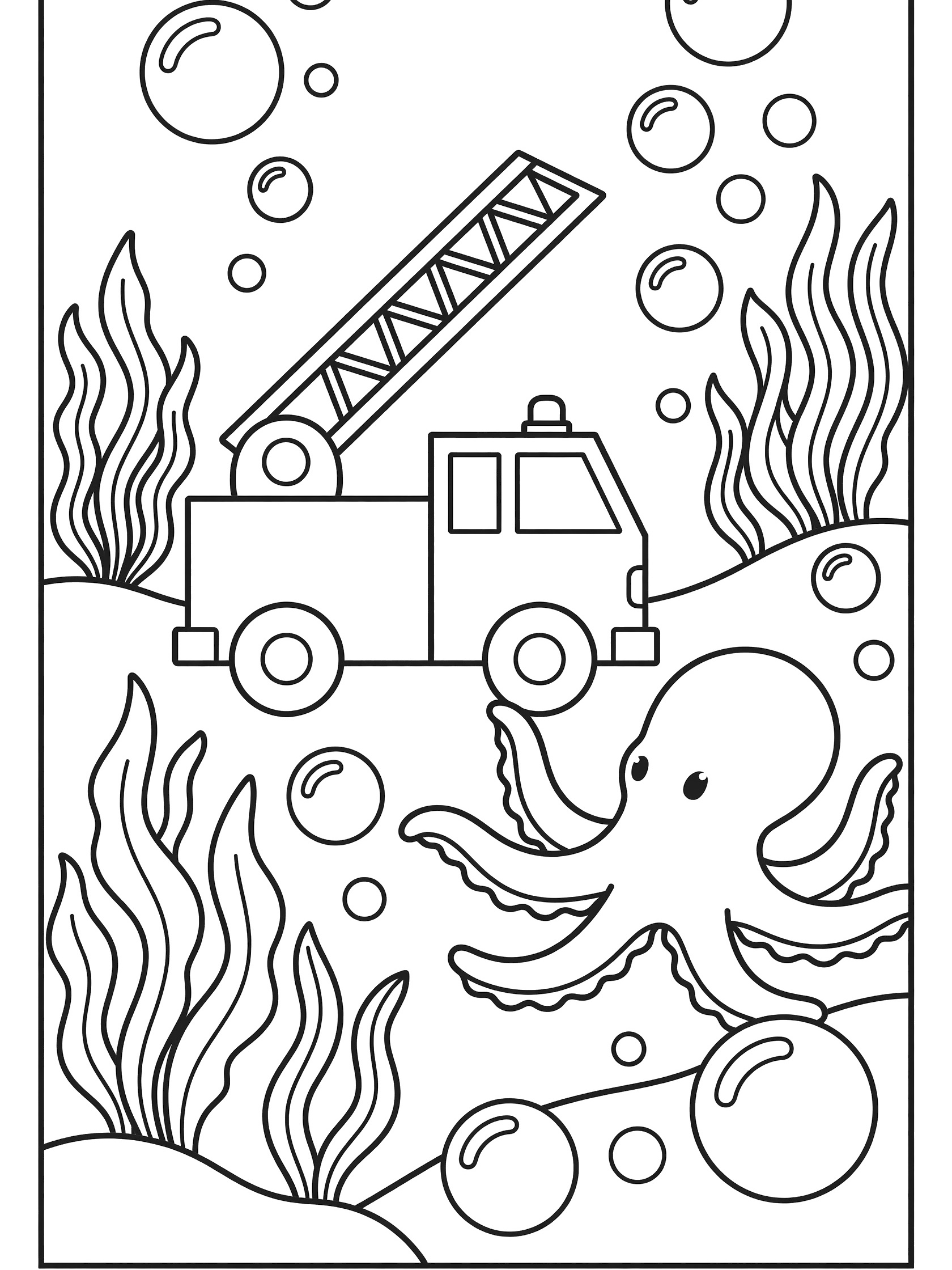 Printable coloring page showing a fire truck rescue scene with an underwater fire truck helping an octopus among bubbles and seaweed.