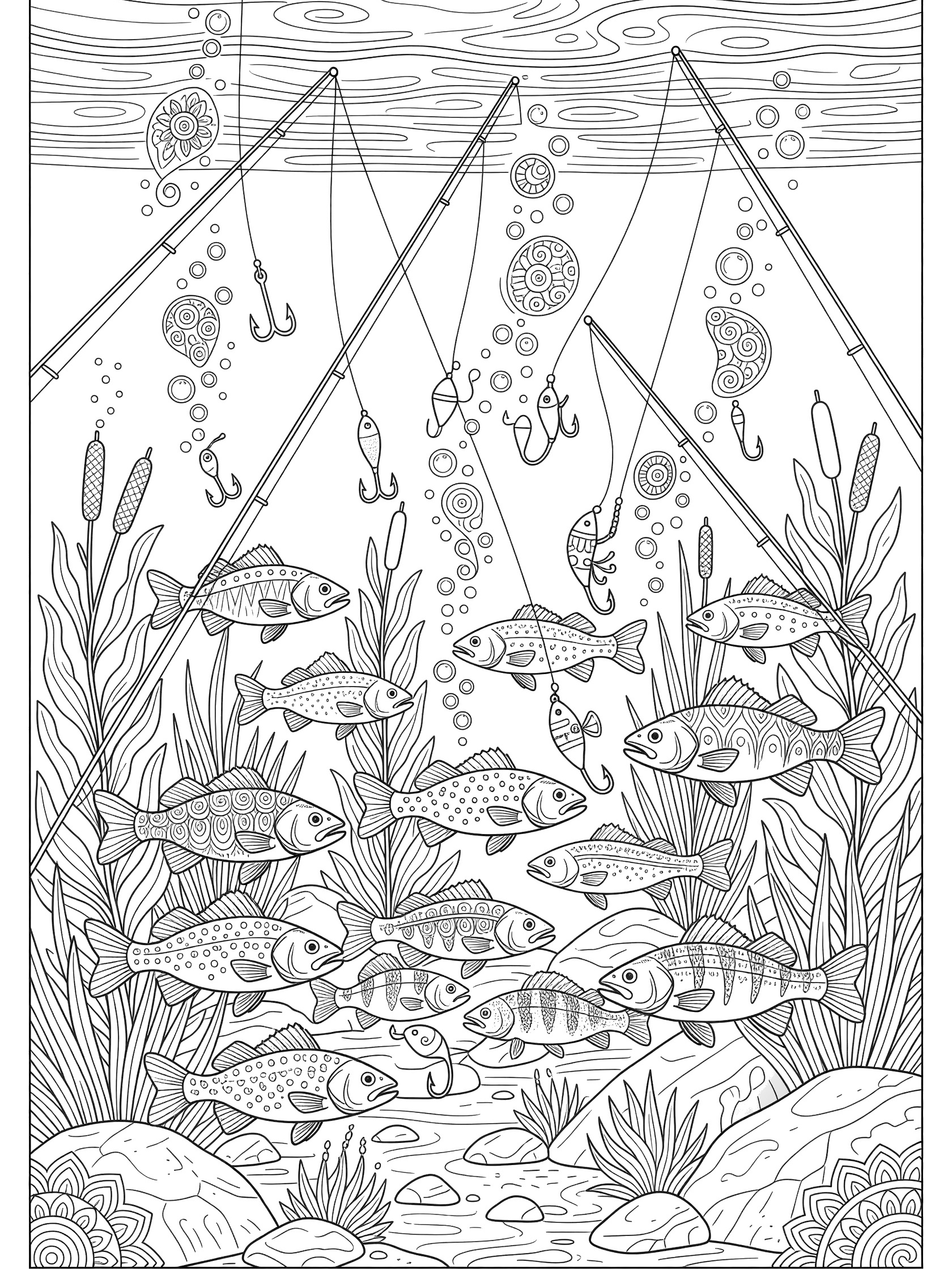 Detailed line art coloring page showing school of fish in underwater fishing lake with swaying plants, rocks, fishing lines, hooks, lures, and bobbers from above.