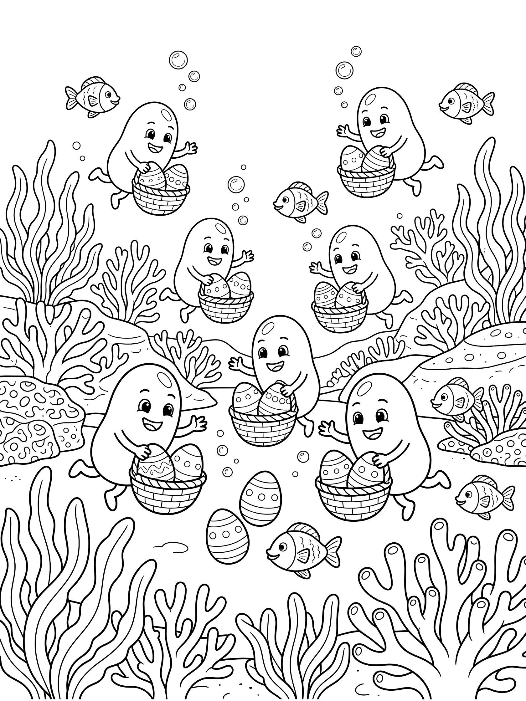 Black and white line art coloring page showing anthropomorphic jelly beans with smiles and arms collecting Easter eggs in baskets amid coral reefs, seaweed, fish, and bubbles underwater.