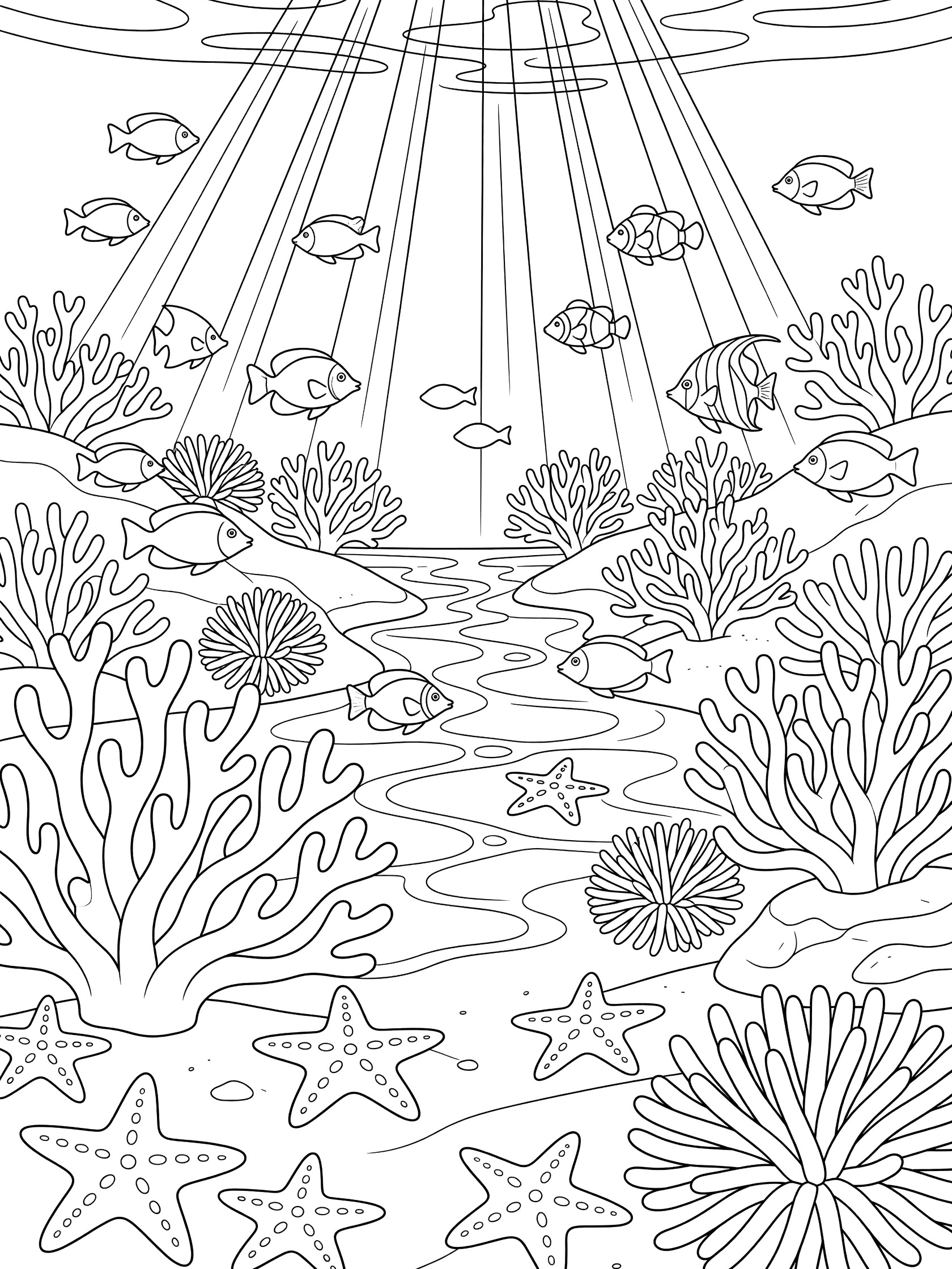 Black and white line art coloring page showing underwater ocean scene with schools of fish, branching coral, spiky sea anemones, starfish on sandy bottom, and sunlight beams filtering through water. Maya Bay themed black and white printable line art