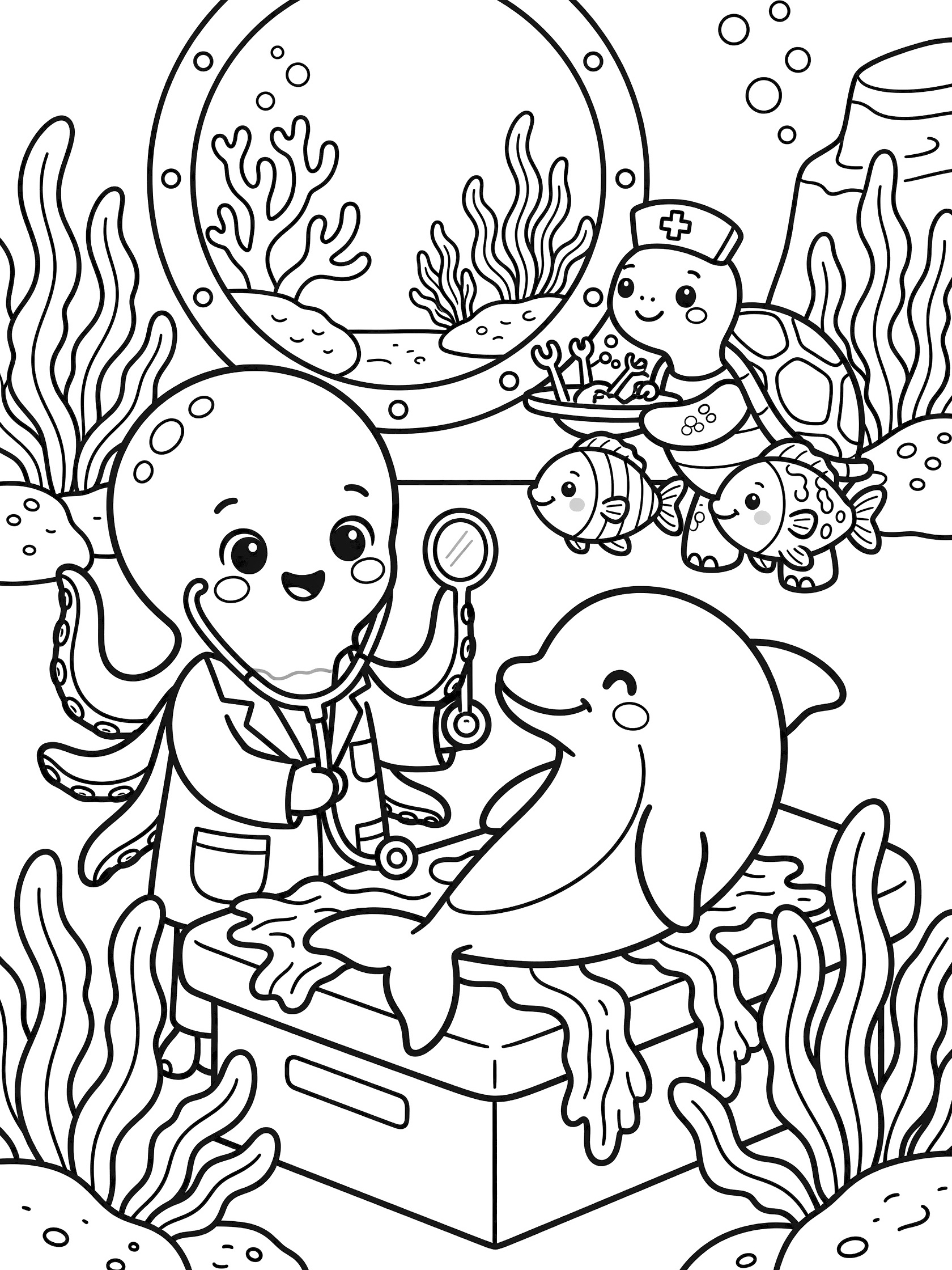 Cute cartoon coloring page showing an octopus doctor clinic scene with a dolphin patient underwater, community helpers theme for kids.