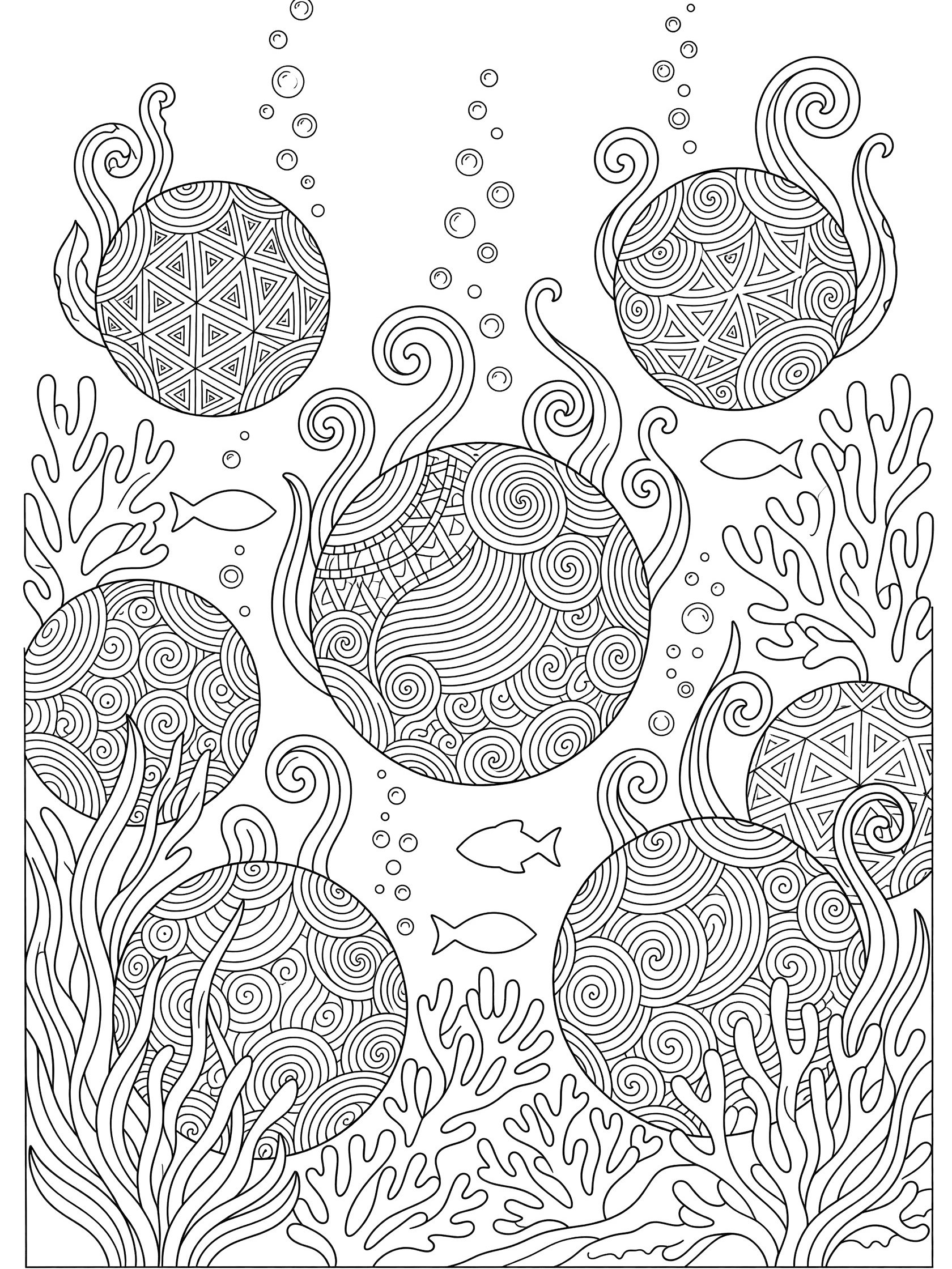 Black and white line art coloring page of large orbs with zentangle patterns floating in an underwater scene with seaweed, bubbles, coral branches, and fish silhouettes.