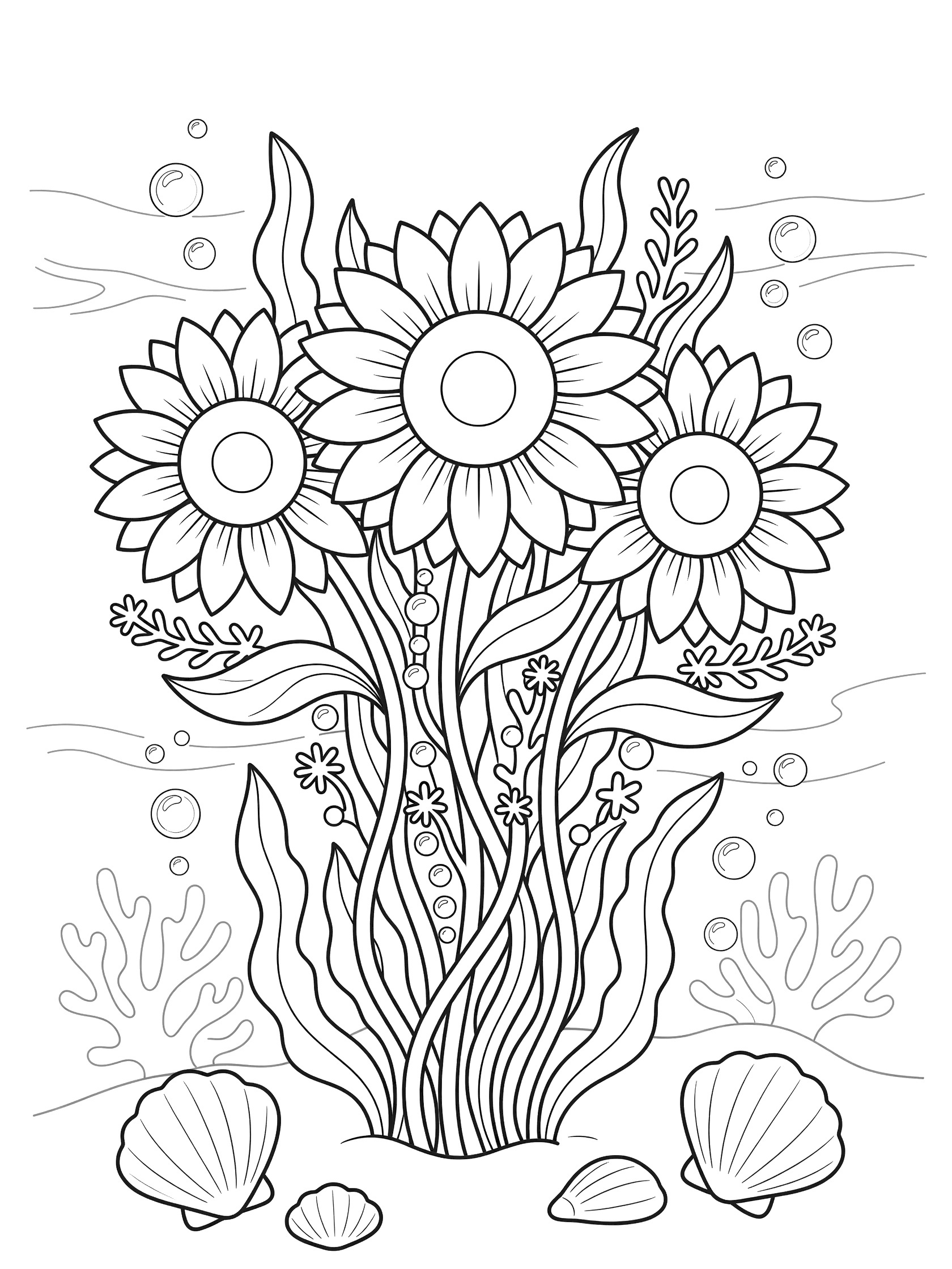Black and white line art of three sunflowers in a bouquet underwater with bubbles, wavy stems like seaweed, coral, and seashells at the bottom.