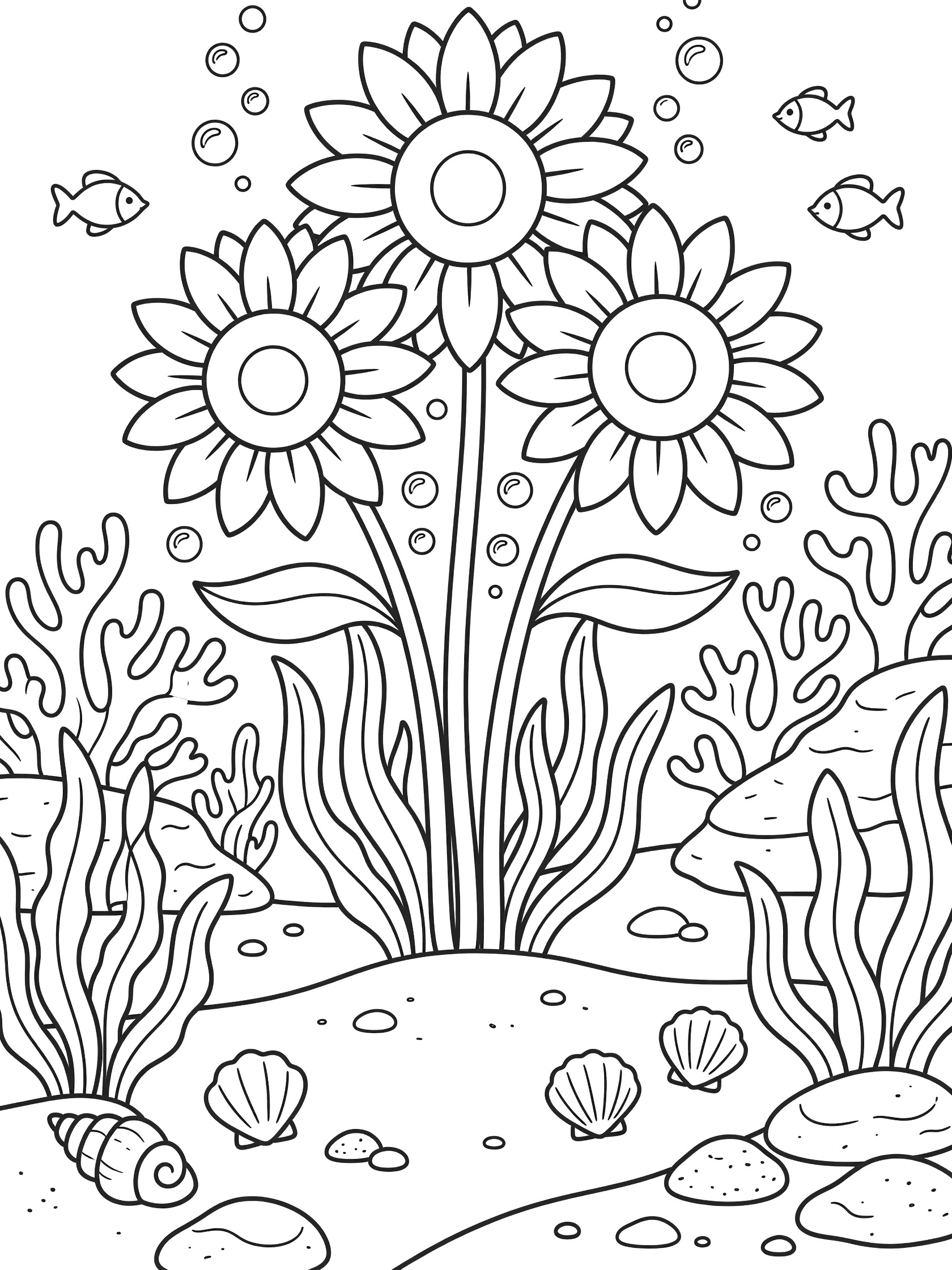 Black and white line drawing of three large sunflowers with stems and leaves in an underwater scene, surrounded by bubbles, swimming fish, seaweed, rocks, seashells, and a snail on a sandy bottom.