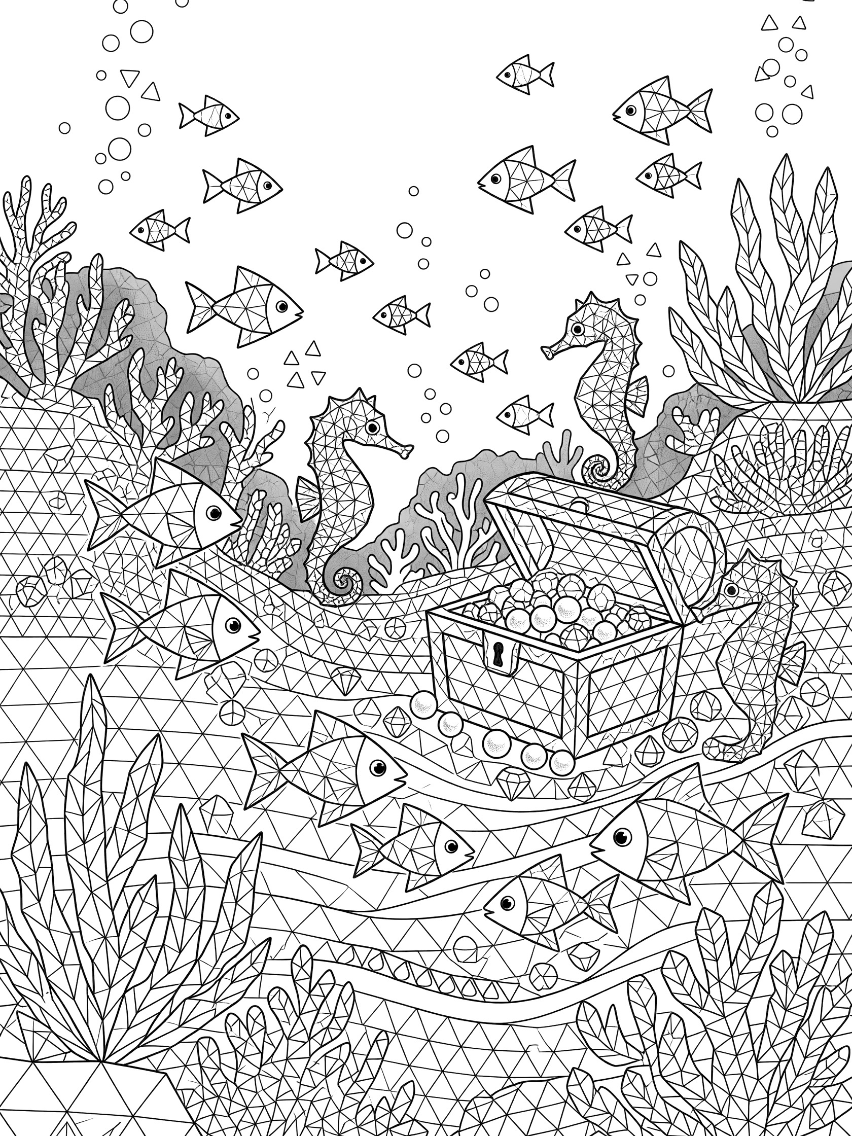 Black and white line art coloring page with underwater scene of triangular fish, seahorses, coral, seaweed, bubbles and treasure chest, all built from geometric triangles.