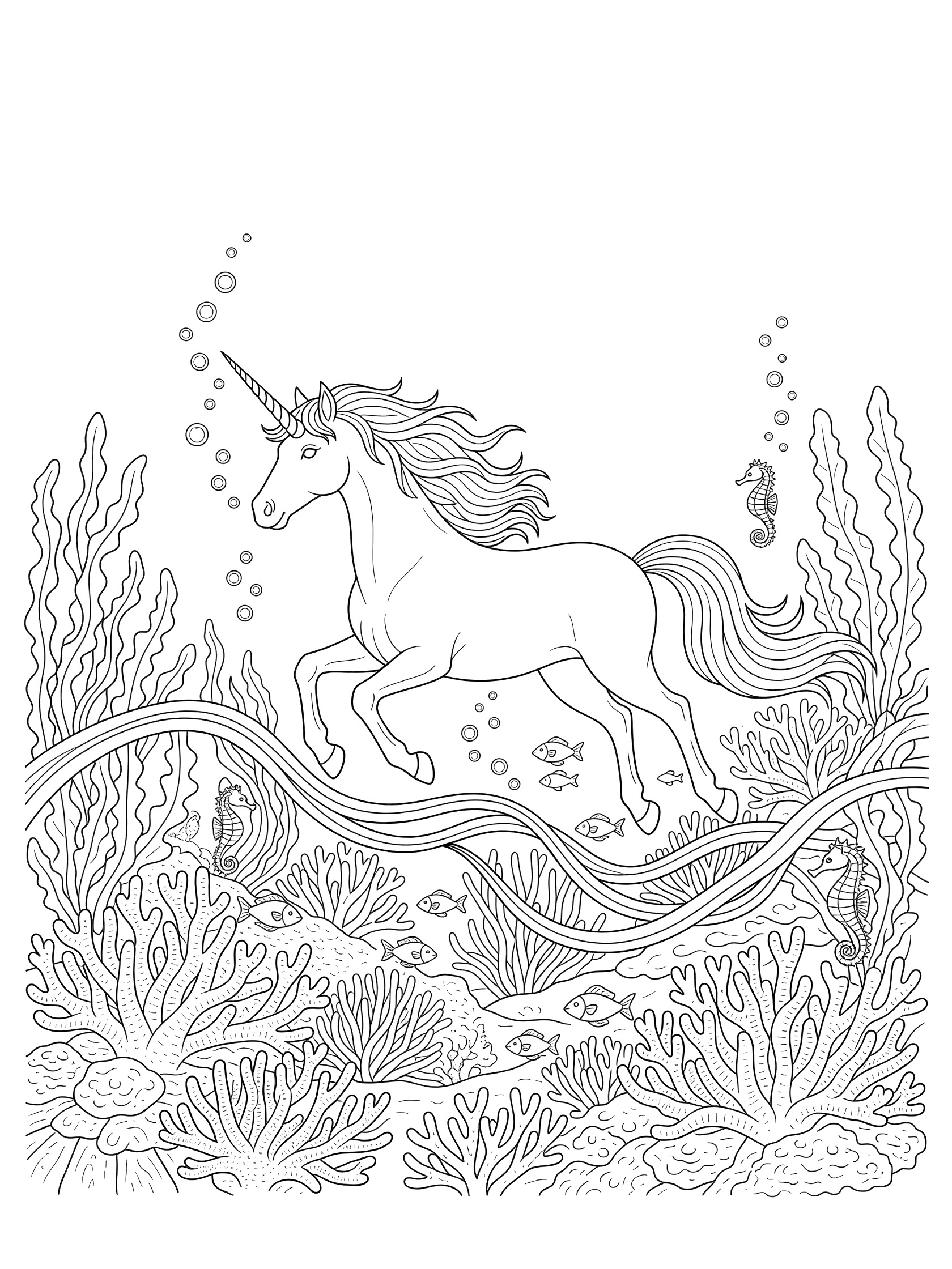 Black and white line art coloring page showing a unicorn swimming underwater with seahorses, fish, bubbles, coral reefs, and wavy seaweed. Unicorns themed black and white printable line art