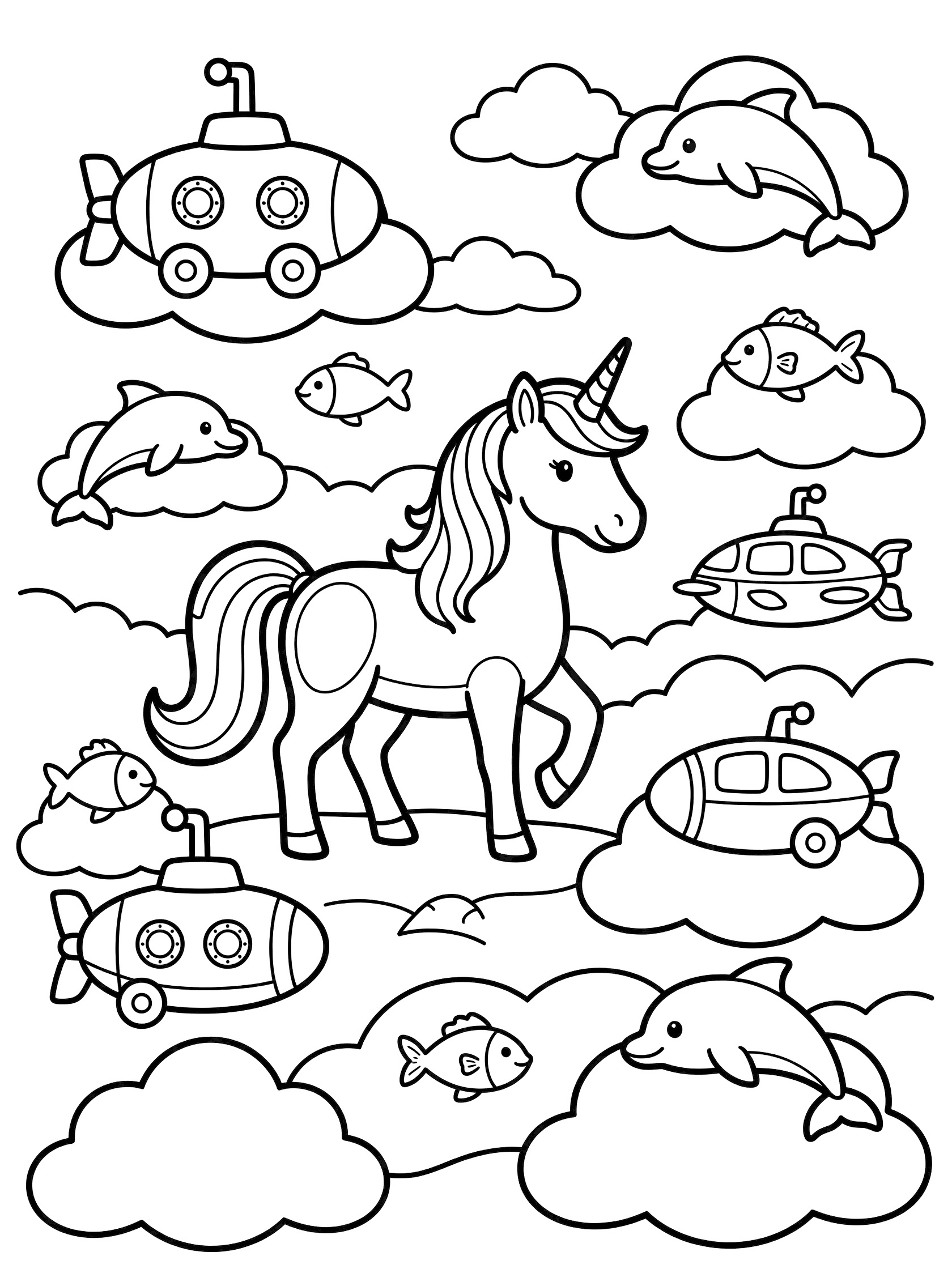Black and white coloring page showing a unicorn swimming underwater with submarines, dolphins and colorful fish, simple outlines for easy coloring.