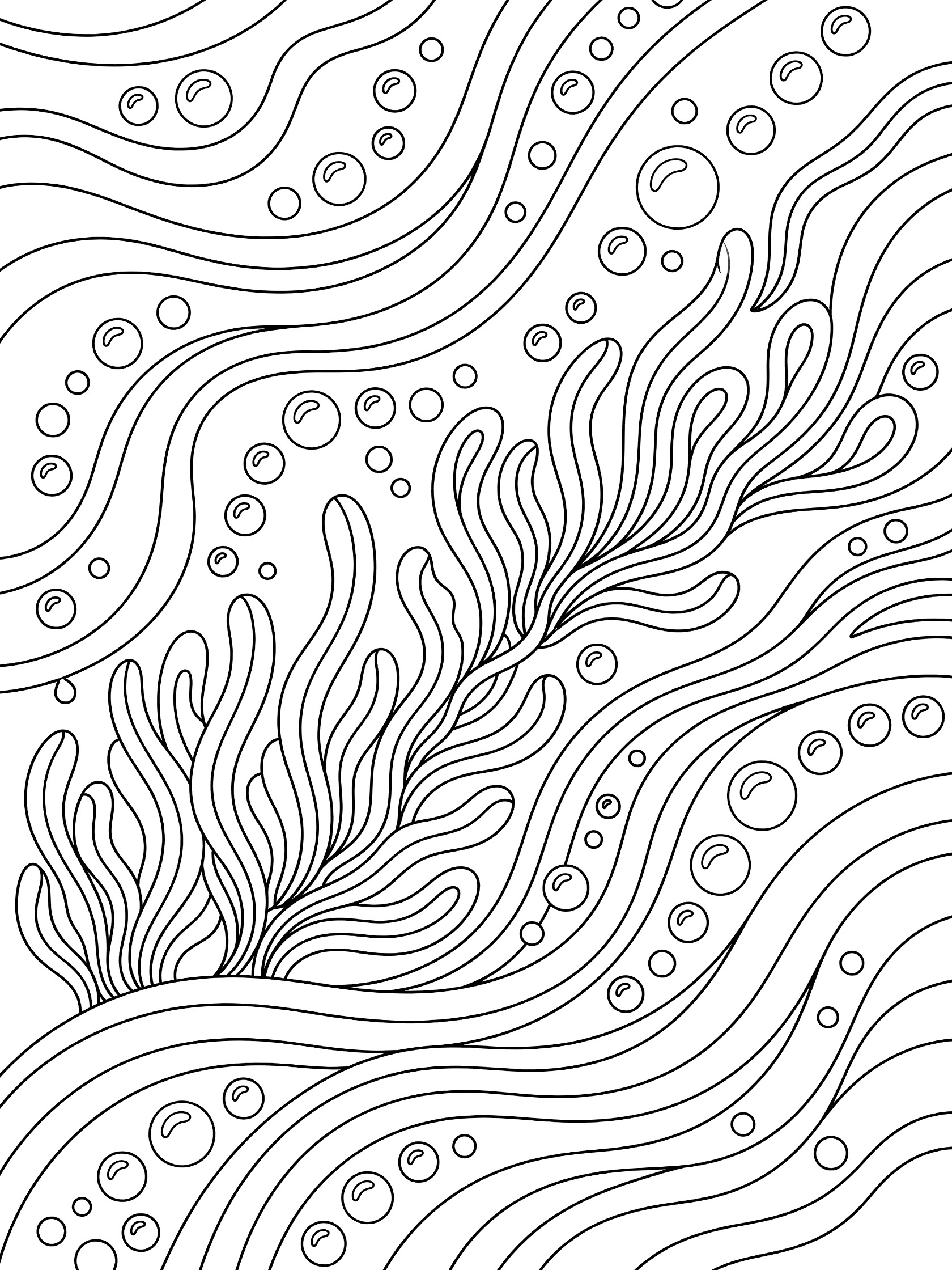 Black and white line art coloring page showing flowing wavy lines like ocean currents, round bubble chains, and curly seaweed shapes, all with thick outlines on white background. Flux themed black and white printable line art