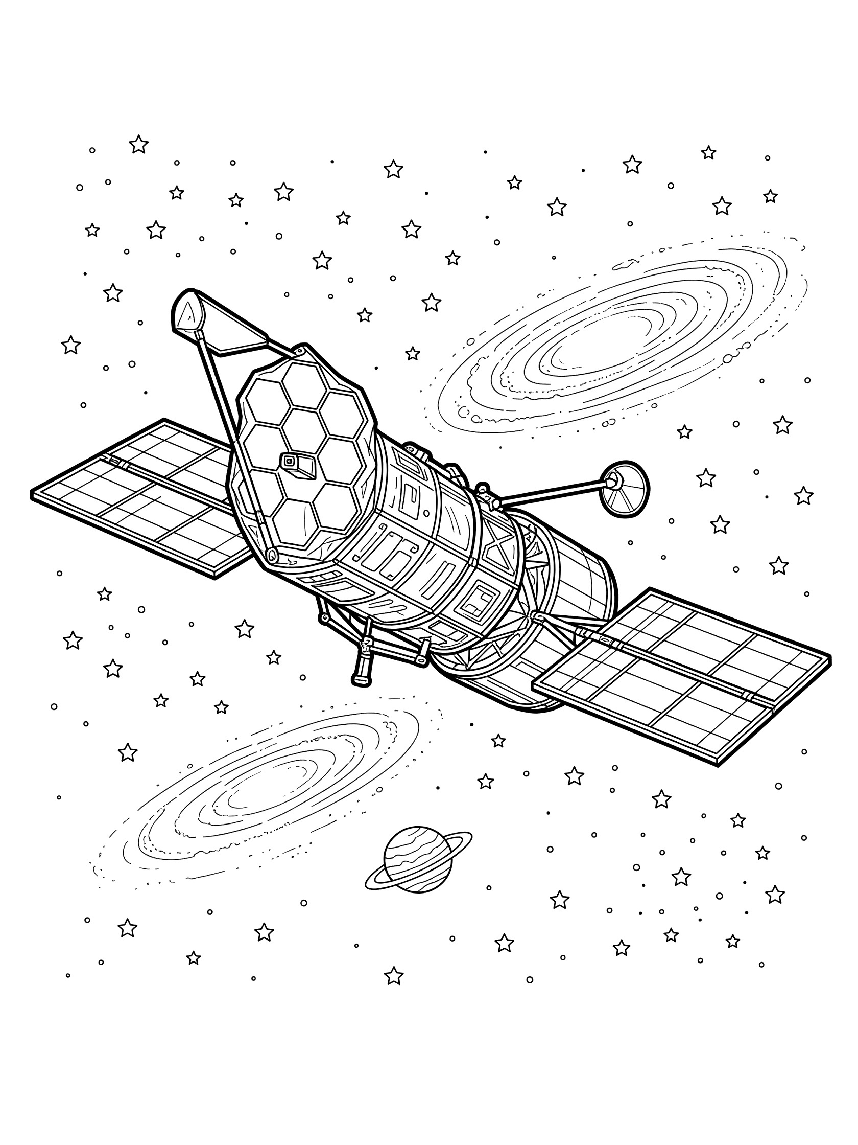 Line art coloring page showing a space telescope with unfolding solar panels, hexagonal mirror, mechanical arms, stars, swirling galaxy, and distant planet in space.