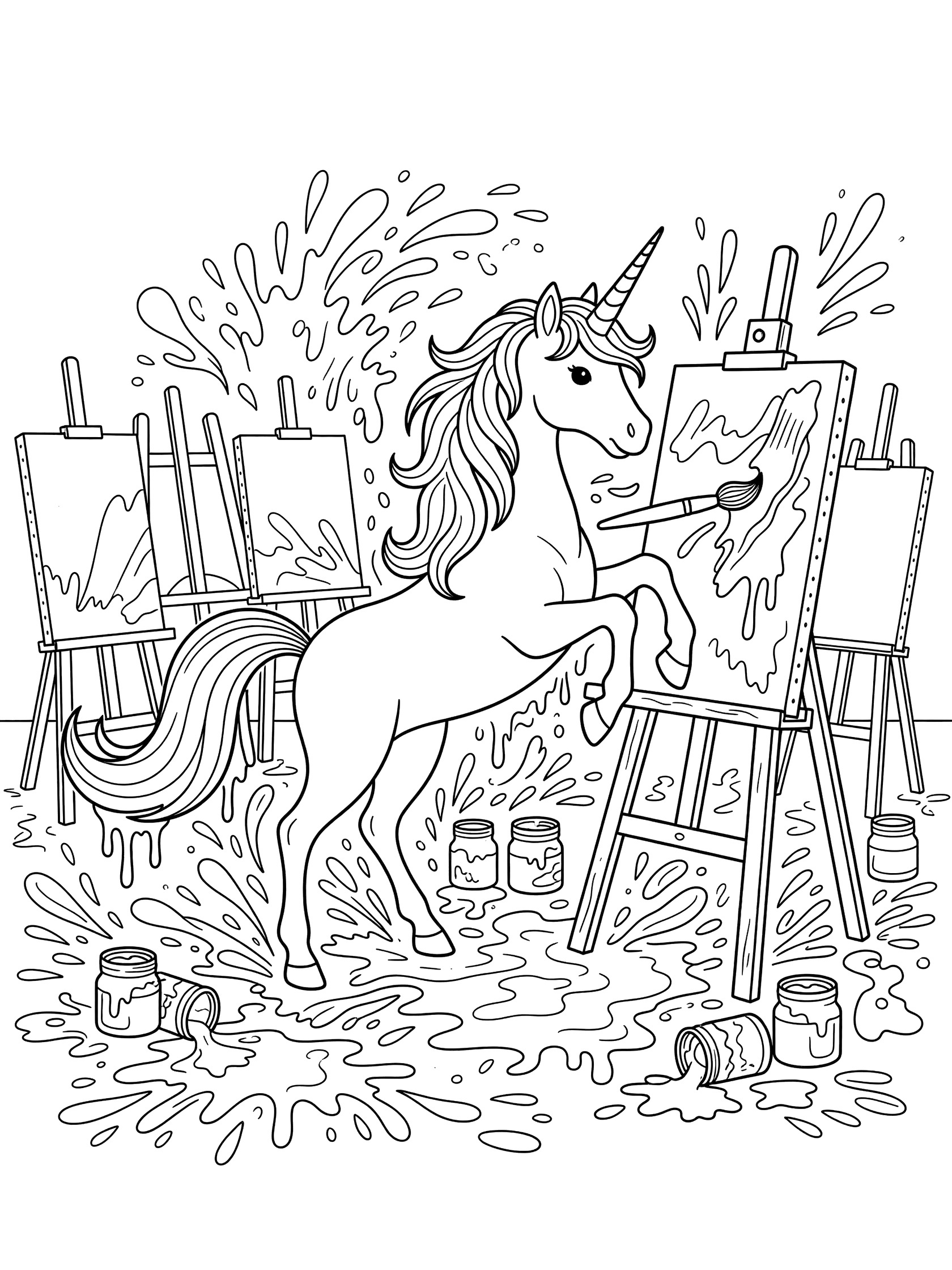 Black and white line art coloring page showing a unicorn standing on hind legs painting a canvas using its tail as a brush, with paint pots, easels and doodle splatters around a studio.