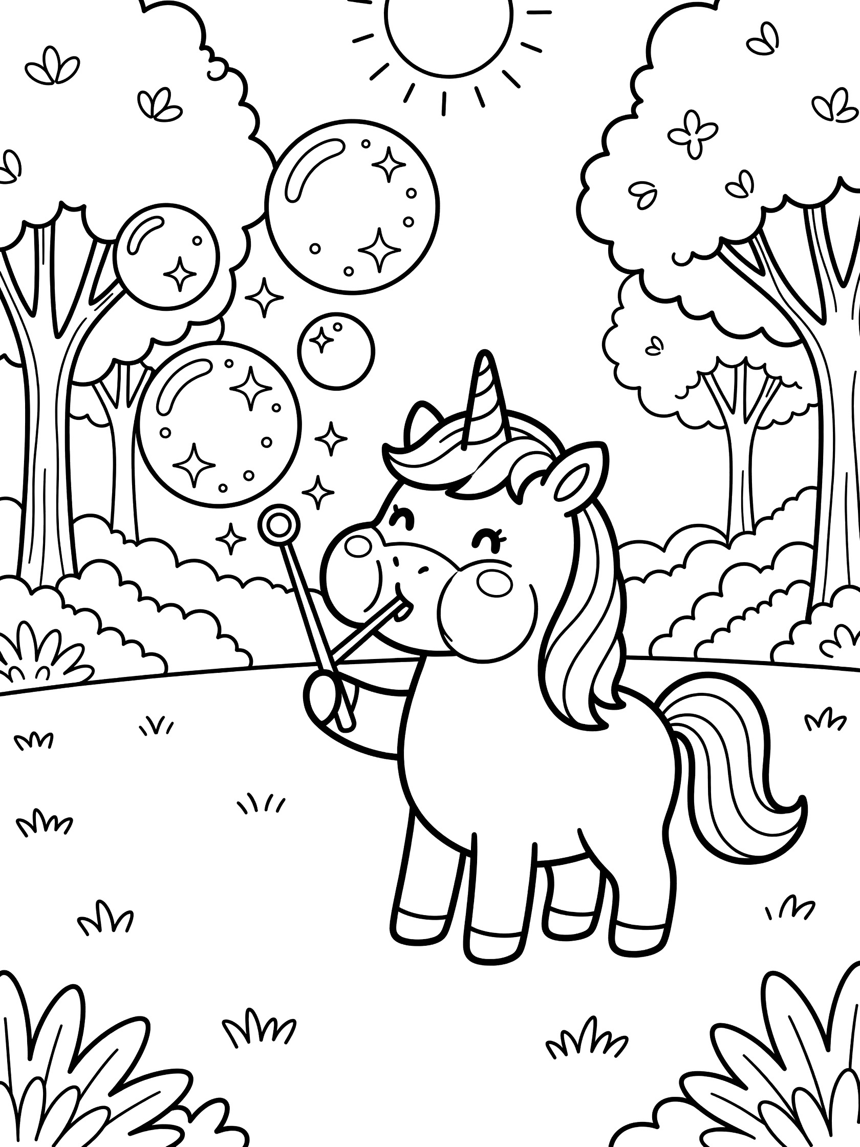 Black and white line art of a unicorn blowing bubbles from a wand in a park with sun, trees, grass, and floating bubbles with sparkles. Unicorns themed black and white printable line art