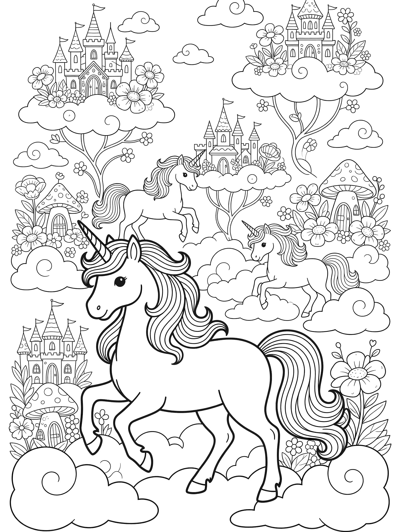 Black and white line drawing of several cute cartoon unicorns with flowing manes and tails in a fantasy garden on fluffy clouds, surrounded by small castles with flags, flowers, mushrooms, and vines.