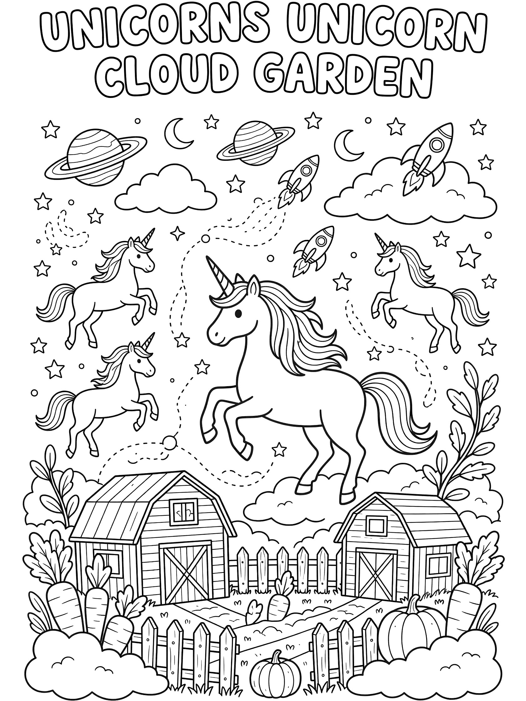 Line drawing of unicorns in a cloud garden with stars, planets, rockets above a farm barn, fence, carrots, and pumpkins.