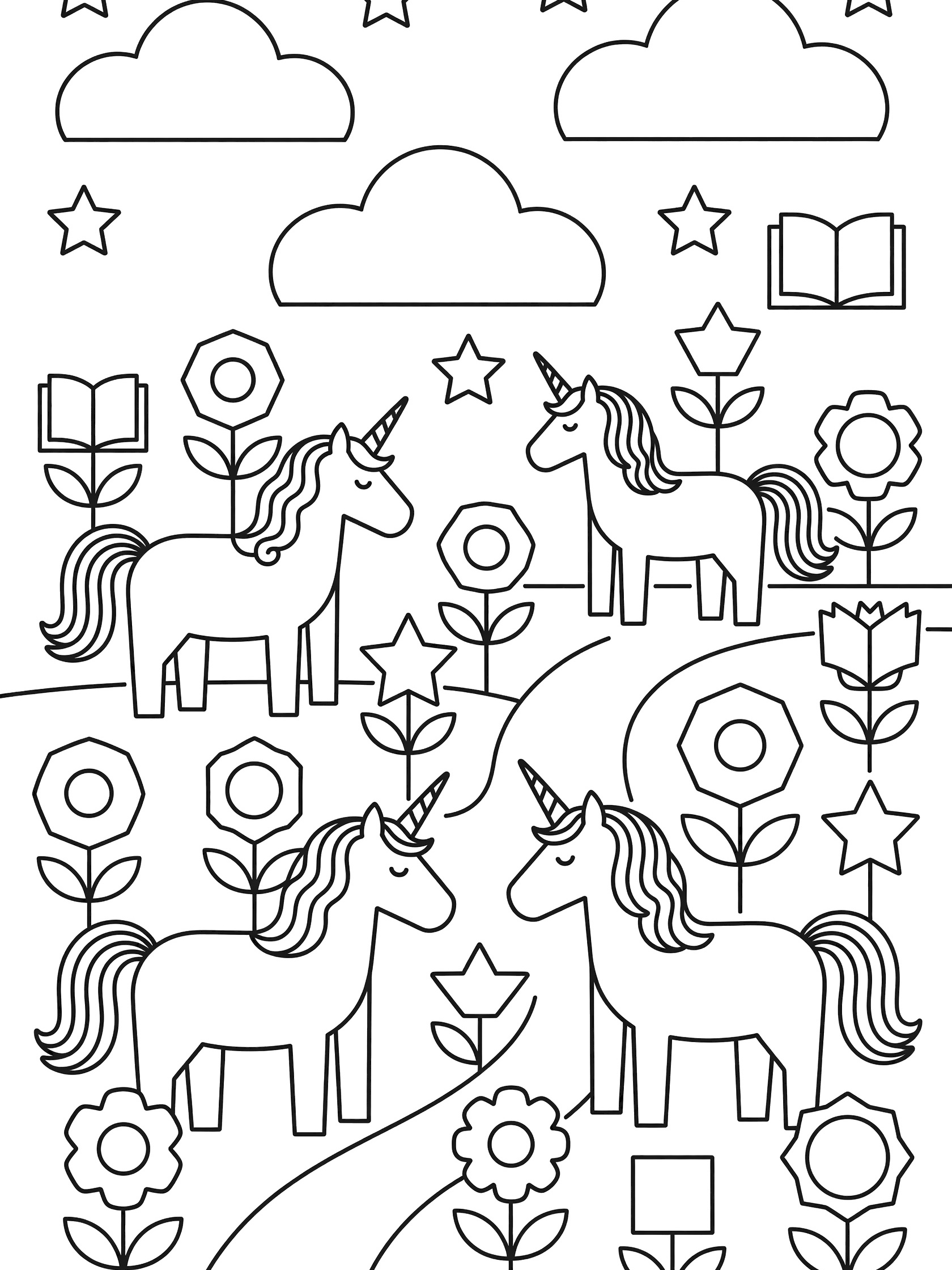 Black and white line art coloring page of unicorns in a garden with clouds, stars, flowers, and winding path.