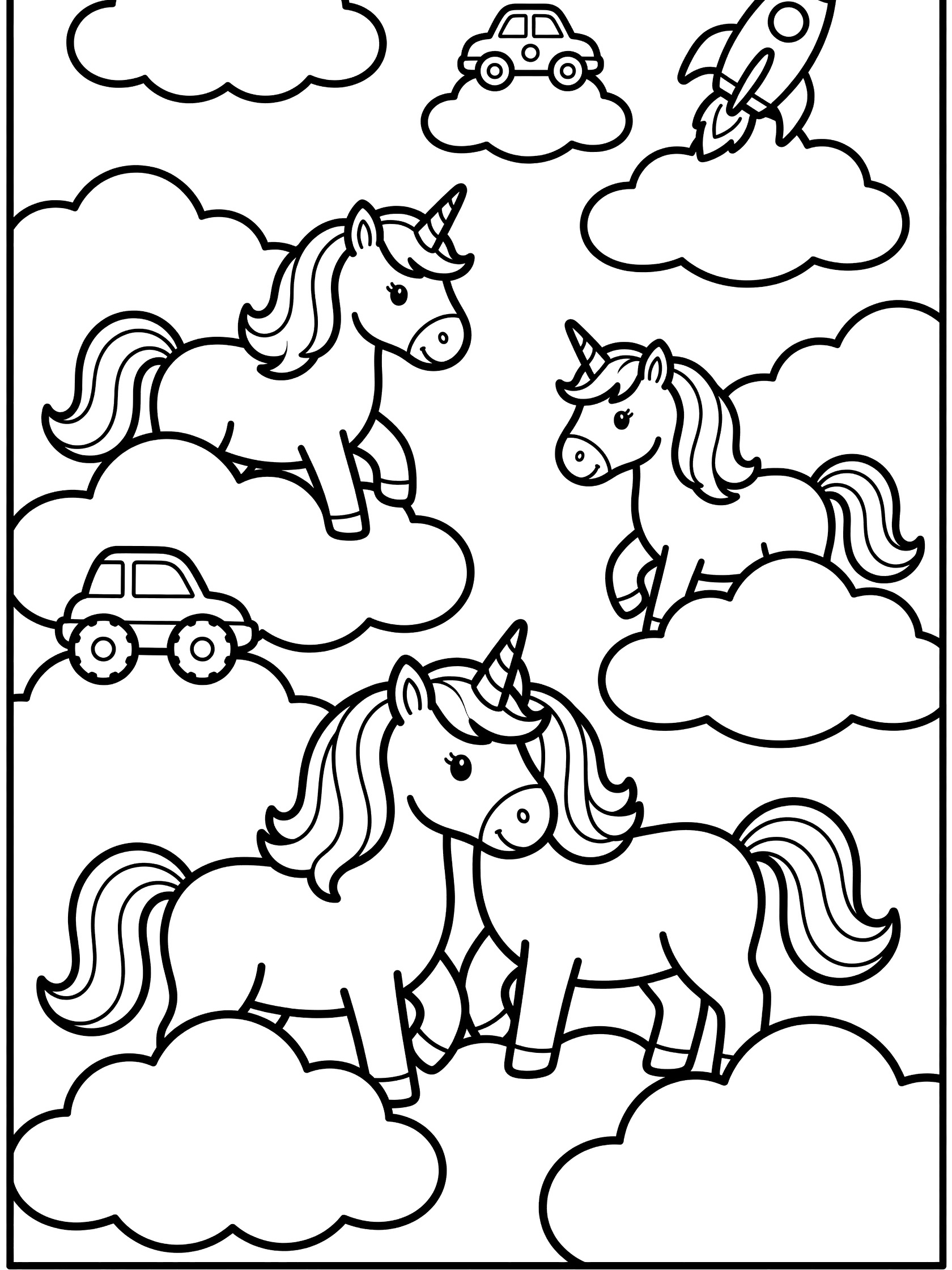 Black and white coloring page of unicorns in a cloud garden with cars on clouds and a rocket, bold thick outlines for easy coloring.