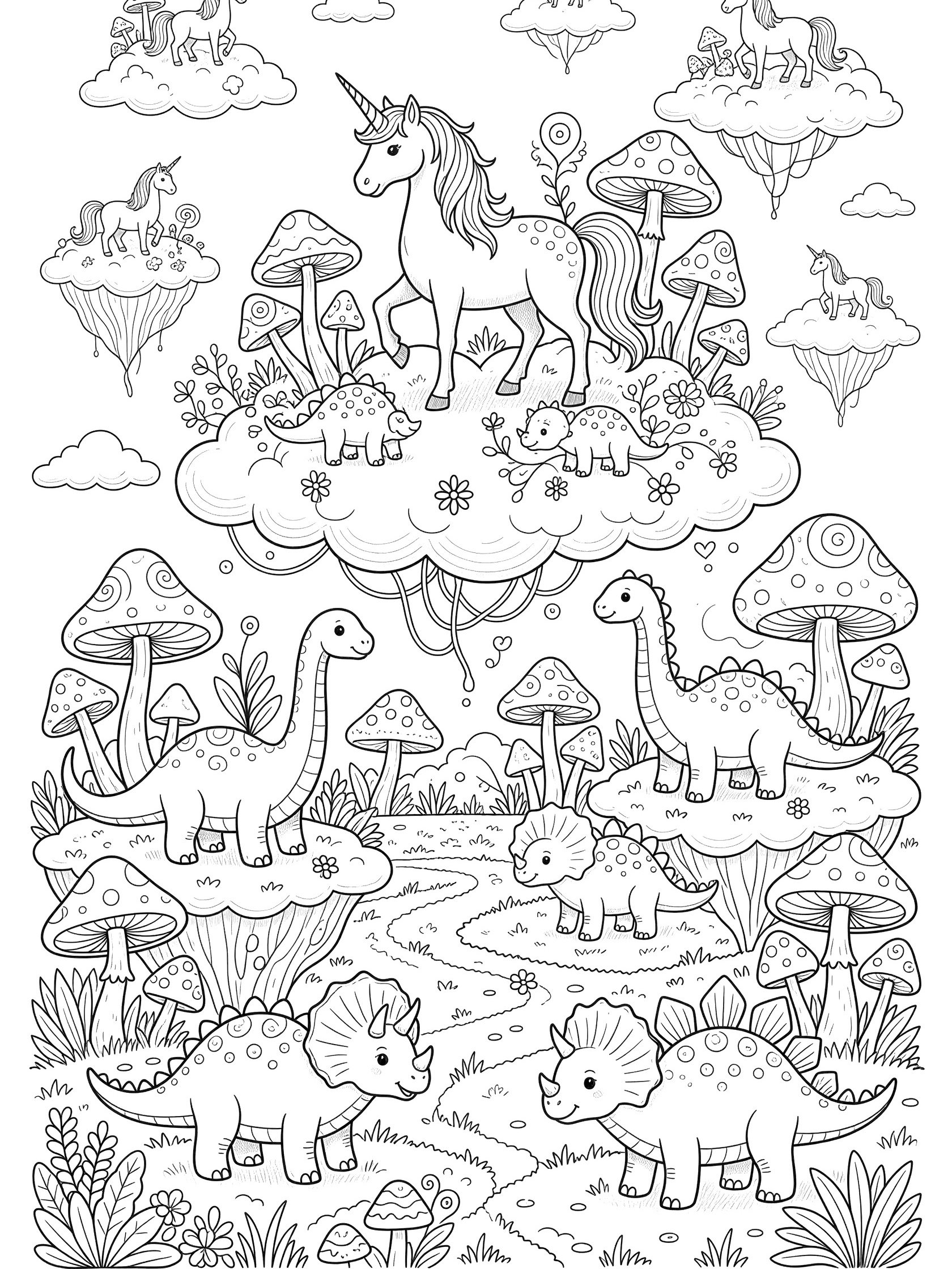 Detailed whimsical doodle coloring page of unicorn cloud garden featuring unicorns standing on clouds with baby dinosaurs, mushrooms, and fantasy plants.