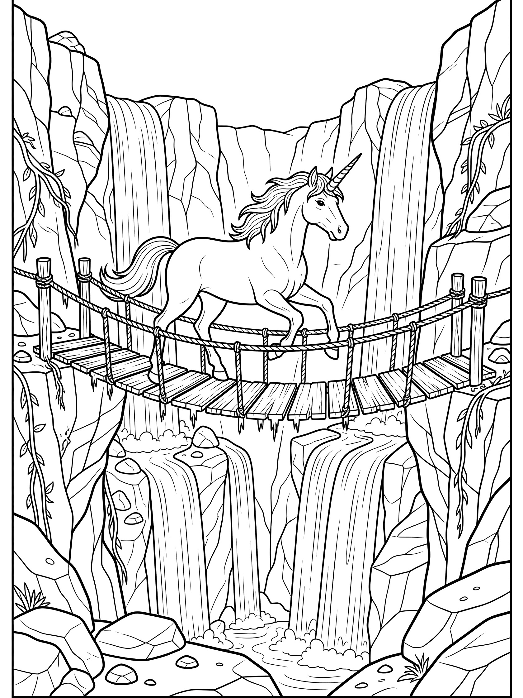 Black and white line art coloring page of a unicorn crossing a rope bridge over waterfalls in a canyon with vines and rocks
