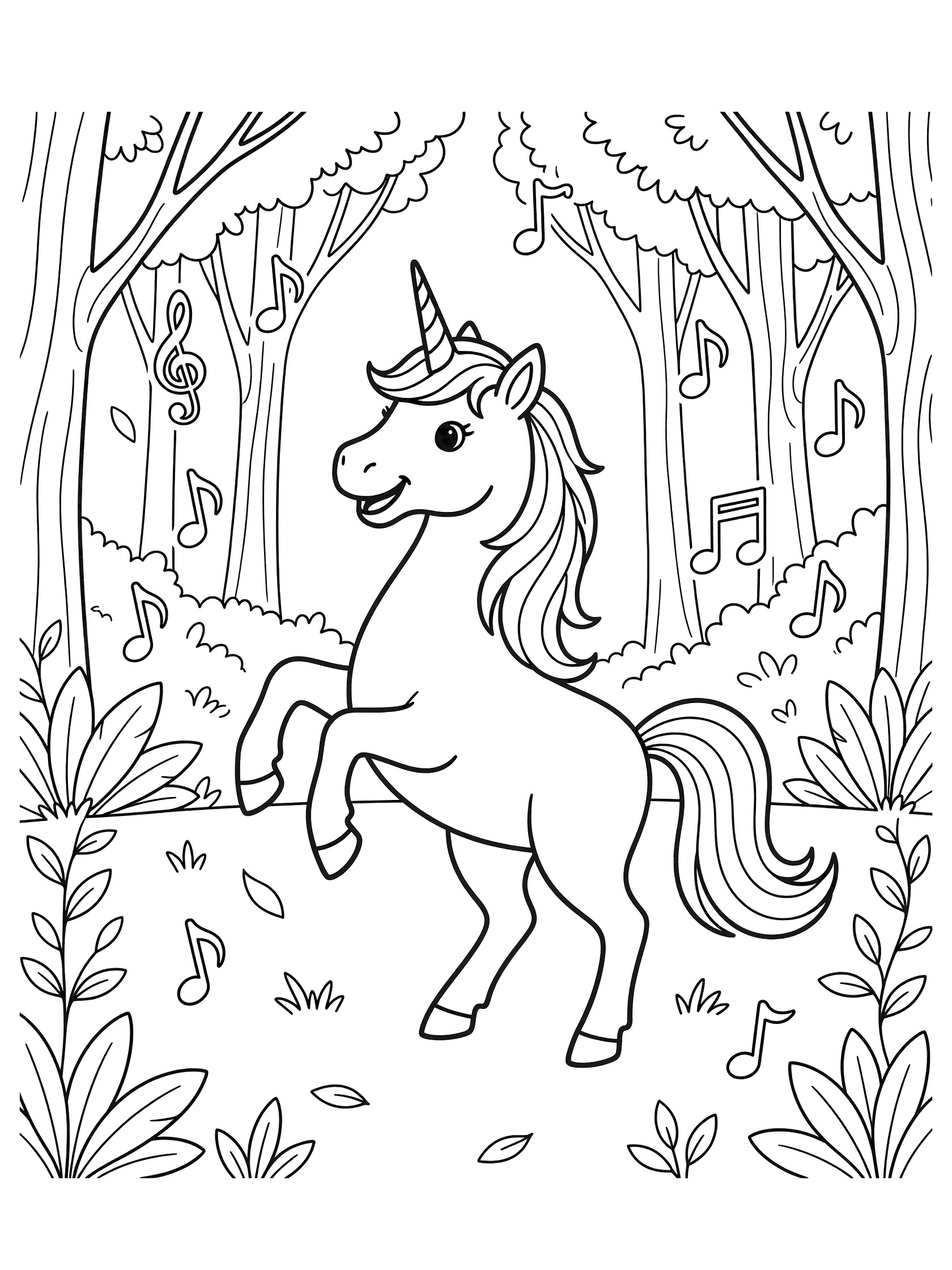 Black and white line art coloring page showing a unicorn rearing up on hind legs in a forest glade surrounded by floating music notes, leaves, vines, and trees. Unicorns themed black and white printable line art