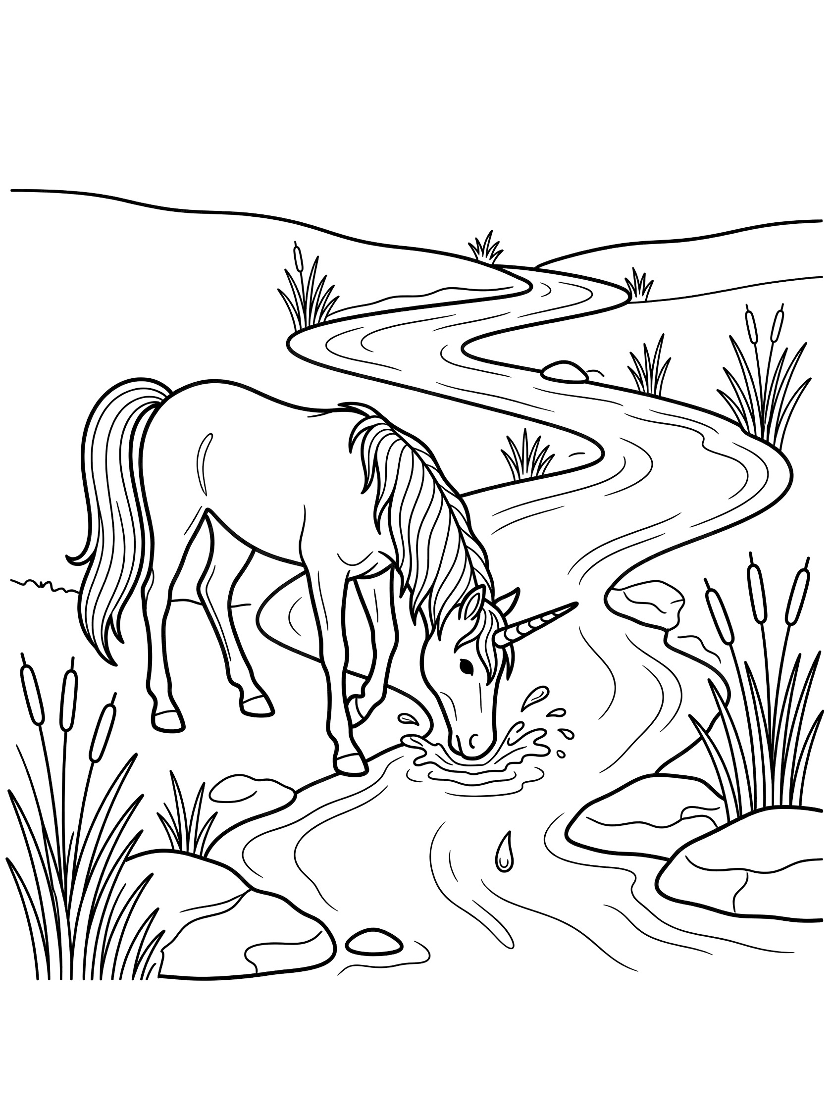 Black and white line art coloring page of a unicorn drinking at a stream with rocks, reeds, and splashing water droplets