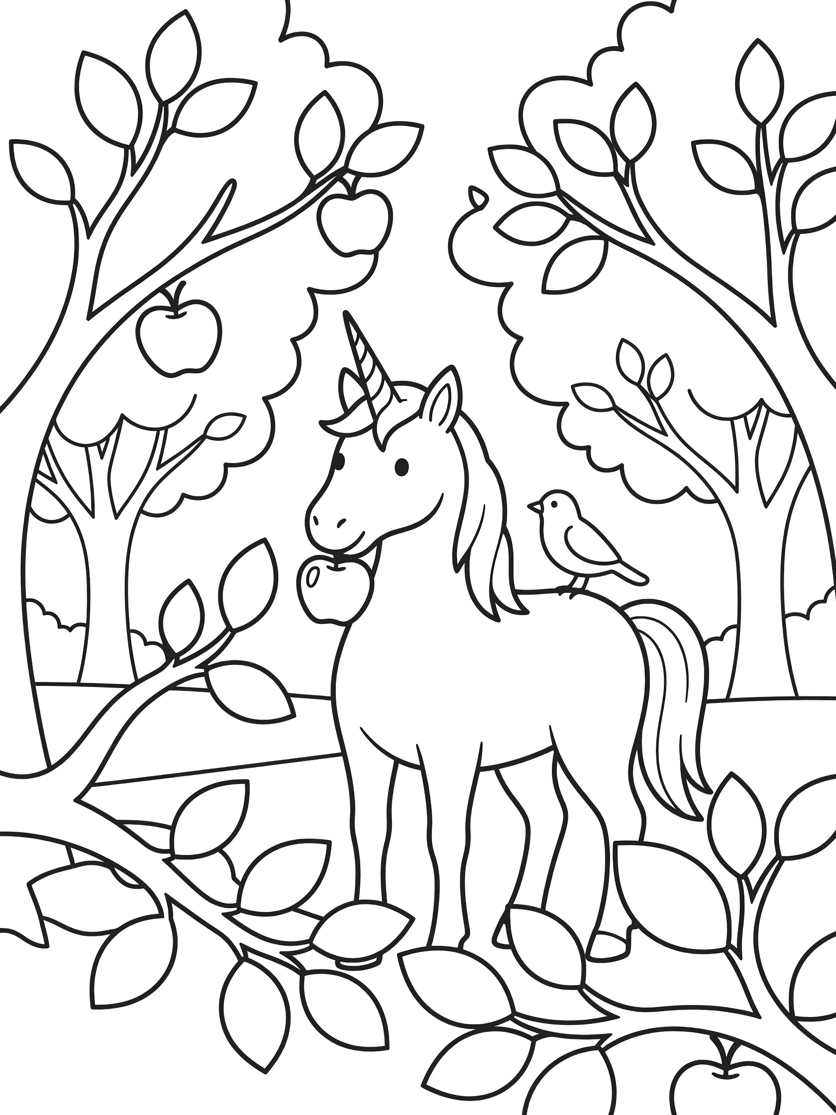 Black and white line art coloring page showing a unicorn with a horn eating an apple from a branch, a small bird perched nearby, surrounded by forest trees and leaves. Unicorns themed black and white printable line art