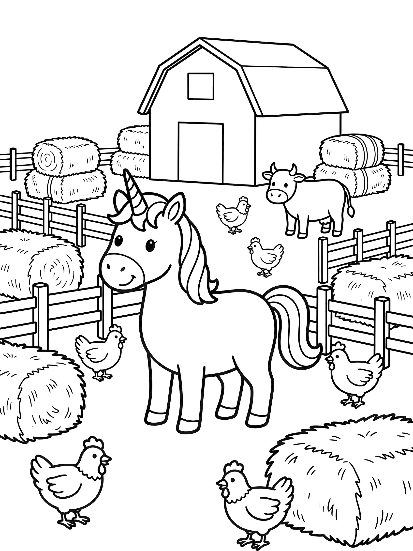 Black and white coloring page of a friendly unicorn standing in a farmyard with barn, hay bales, chickens, cow, and fences. Unicorns themed black and white printable line art
