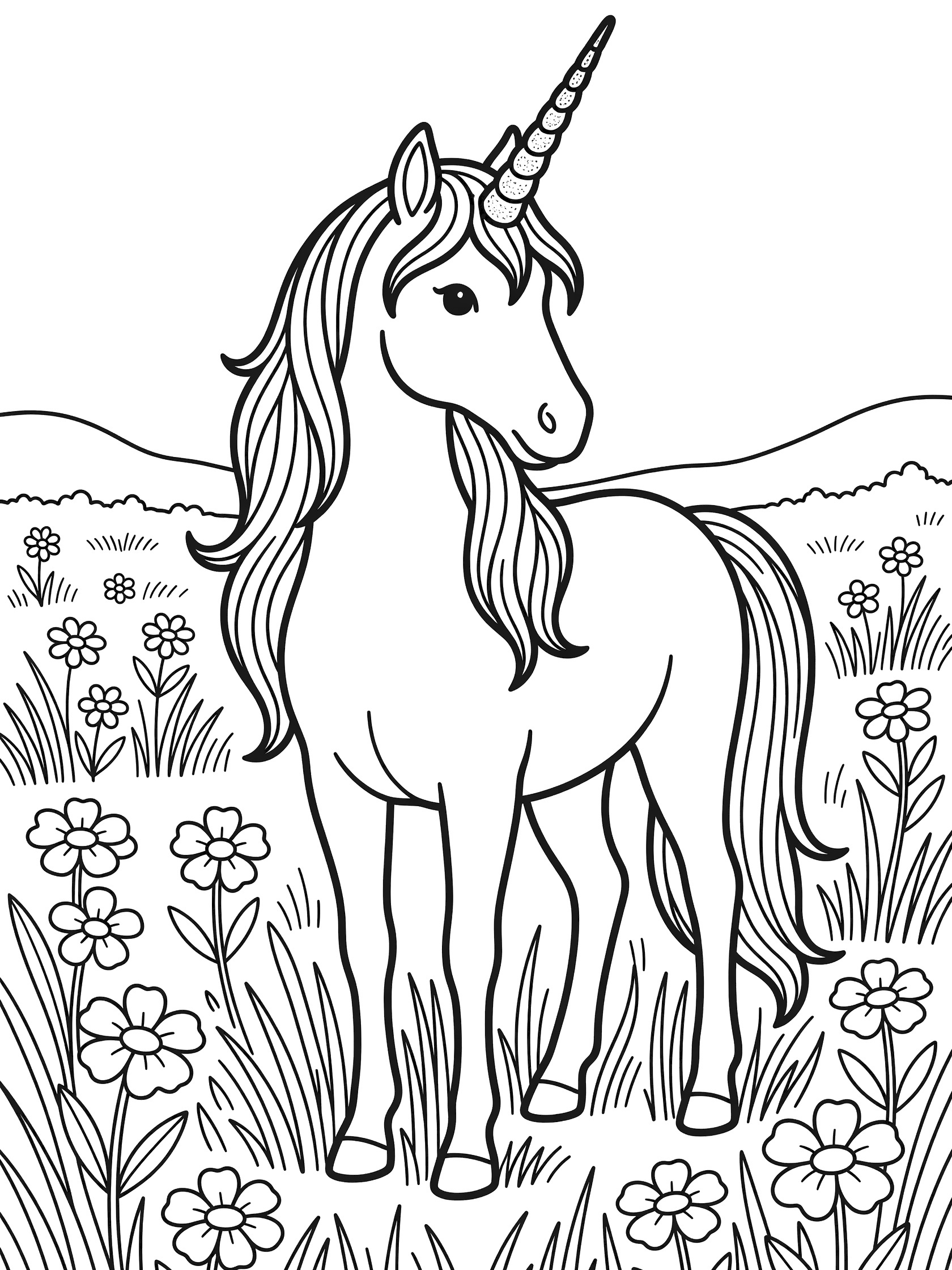 Black and white coloring page of a unicorn with long mane and horn standing in a field of flowers and tall grass with distant hills. Unicorns themed black and white printable line art