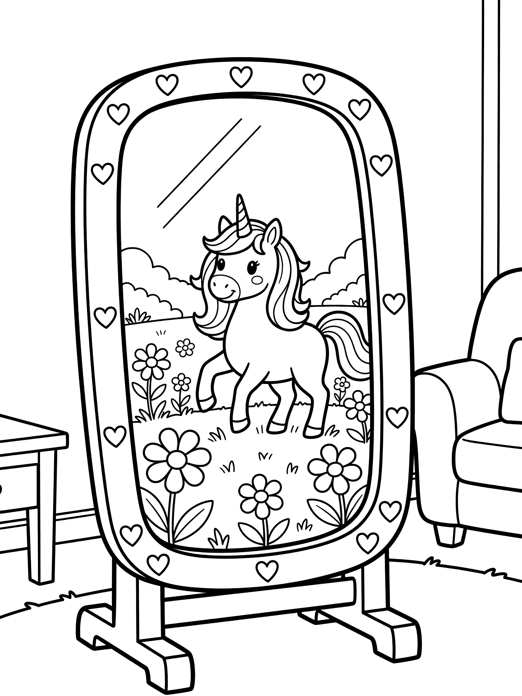 Black and white line art of a standing mirror with heart shapes on the frame, reflecting a happy unicorn with a horn in a flowery meadow.