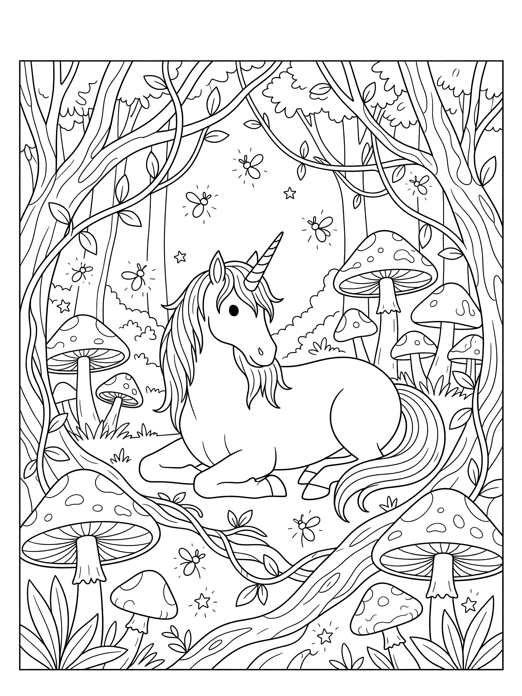 Black and white line art coloring page showing a unicorn resting in a forest surrounded by mushrooms, vines, leaves, fireflies, and stars. Unicorns themed black and white printable line art