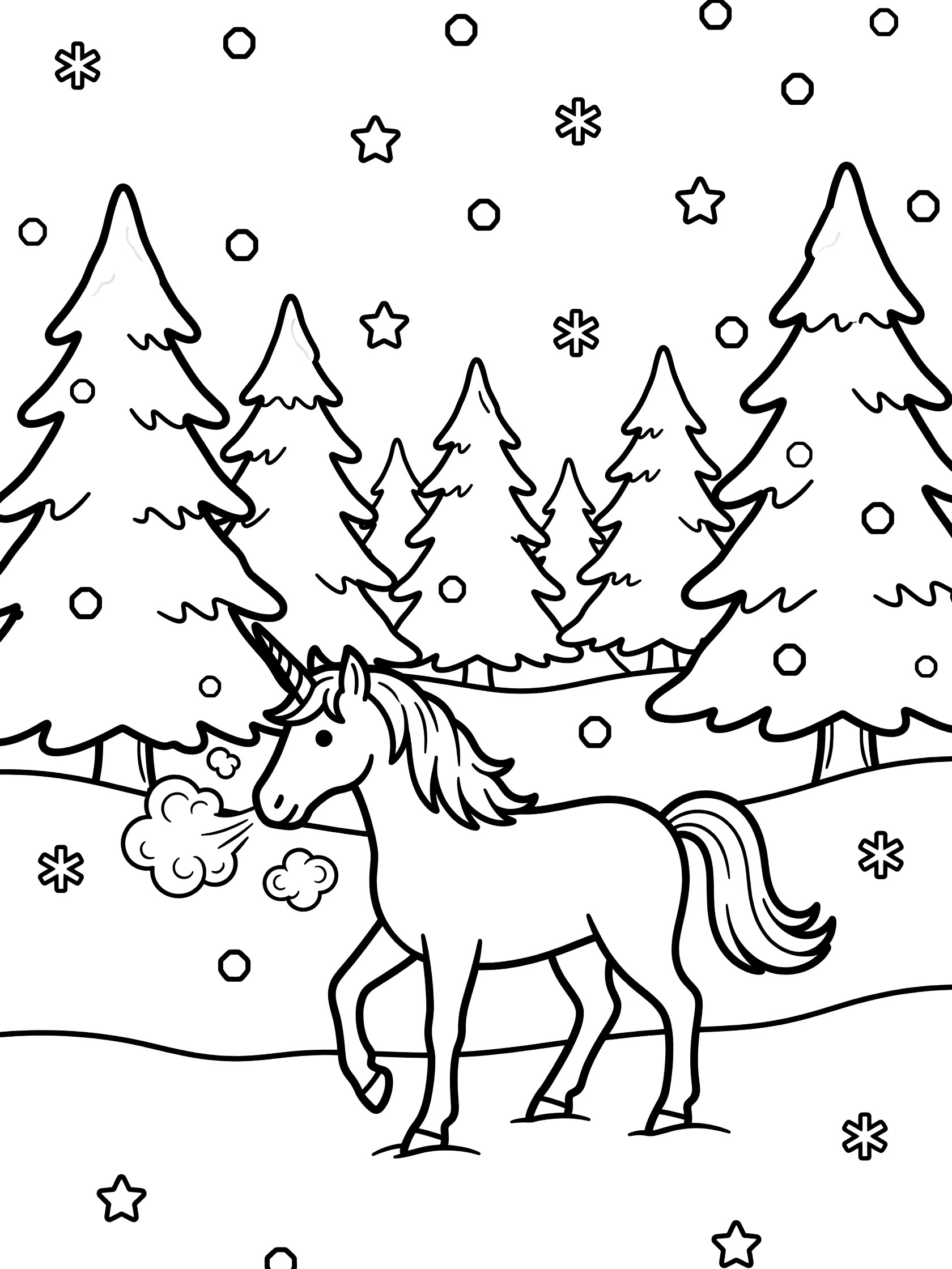 Black and white line drawing of a unicorn with horn and flowing mane trotting on snow amid pine trees with falling snowflakes and breath clouds. Unicorns themed black and white printable line art