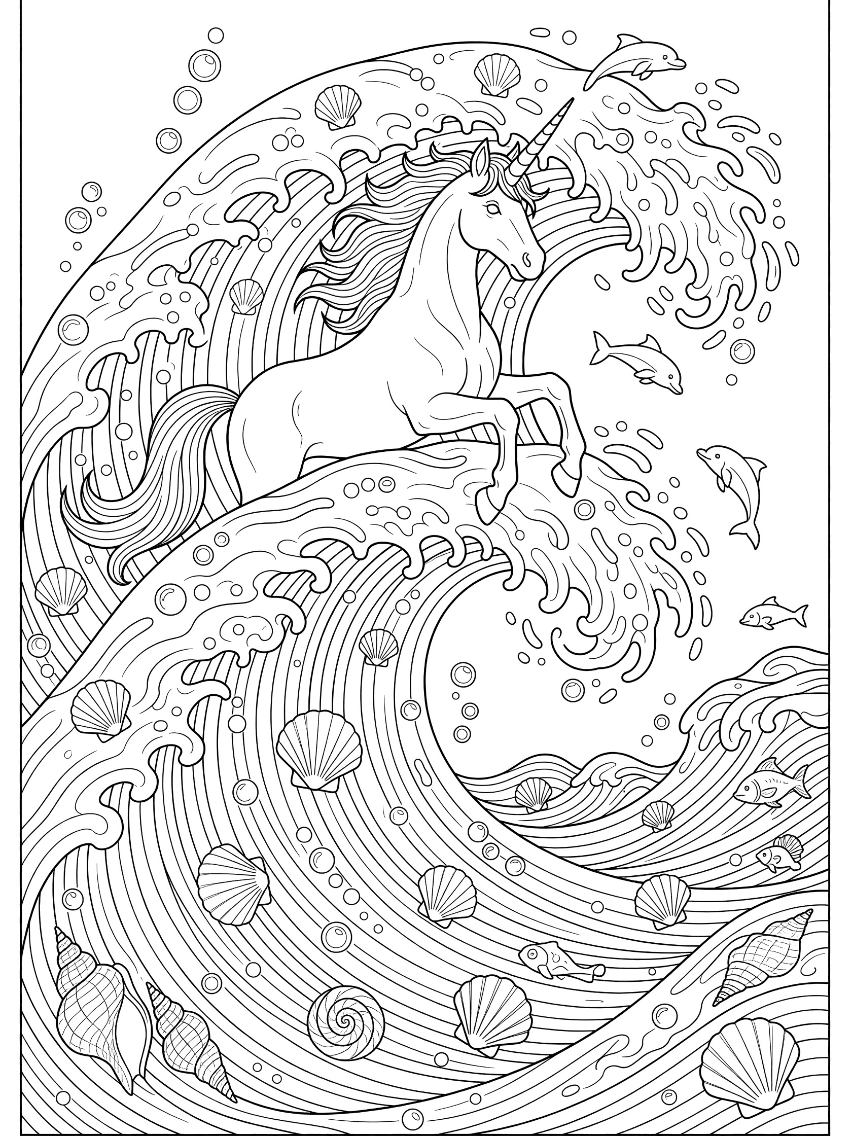 Black and white line art coloring page showing an adventurous unicorn riding a big curling ocean wave with seashells, bubbles, and jumping fish nearby.