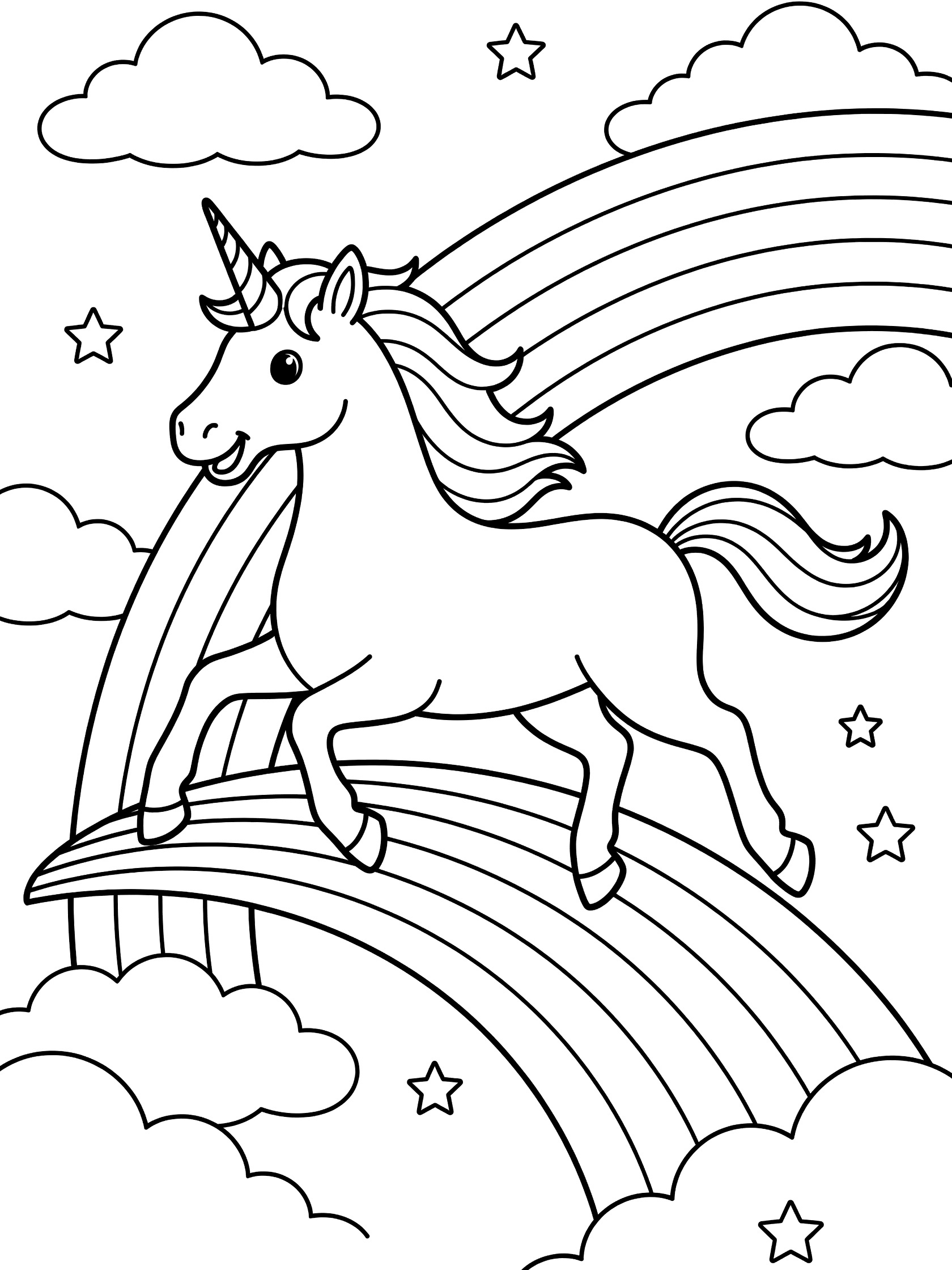 Black and white line art coloring page showing a unicorn jumping on a rainbow arch in a sky with clouds and stars