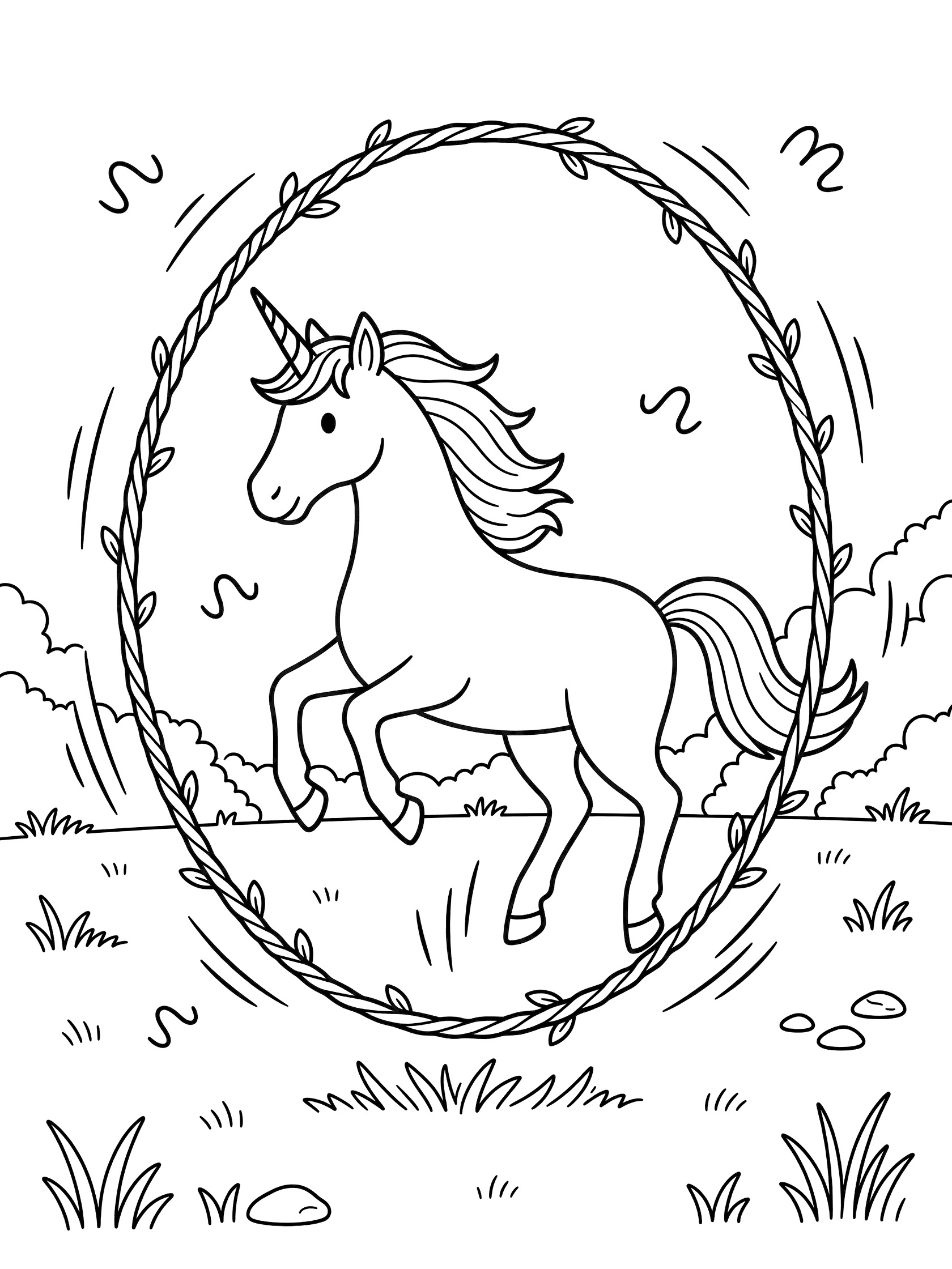 Black and white line art coloring page showing an energetic unicorn mid-jump through a circular vine hoop, with flowing mane, tail, motion swirls, and simple yard grass.