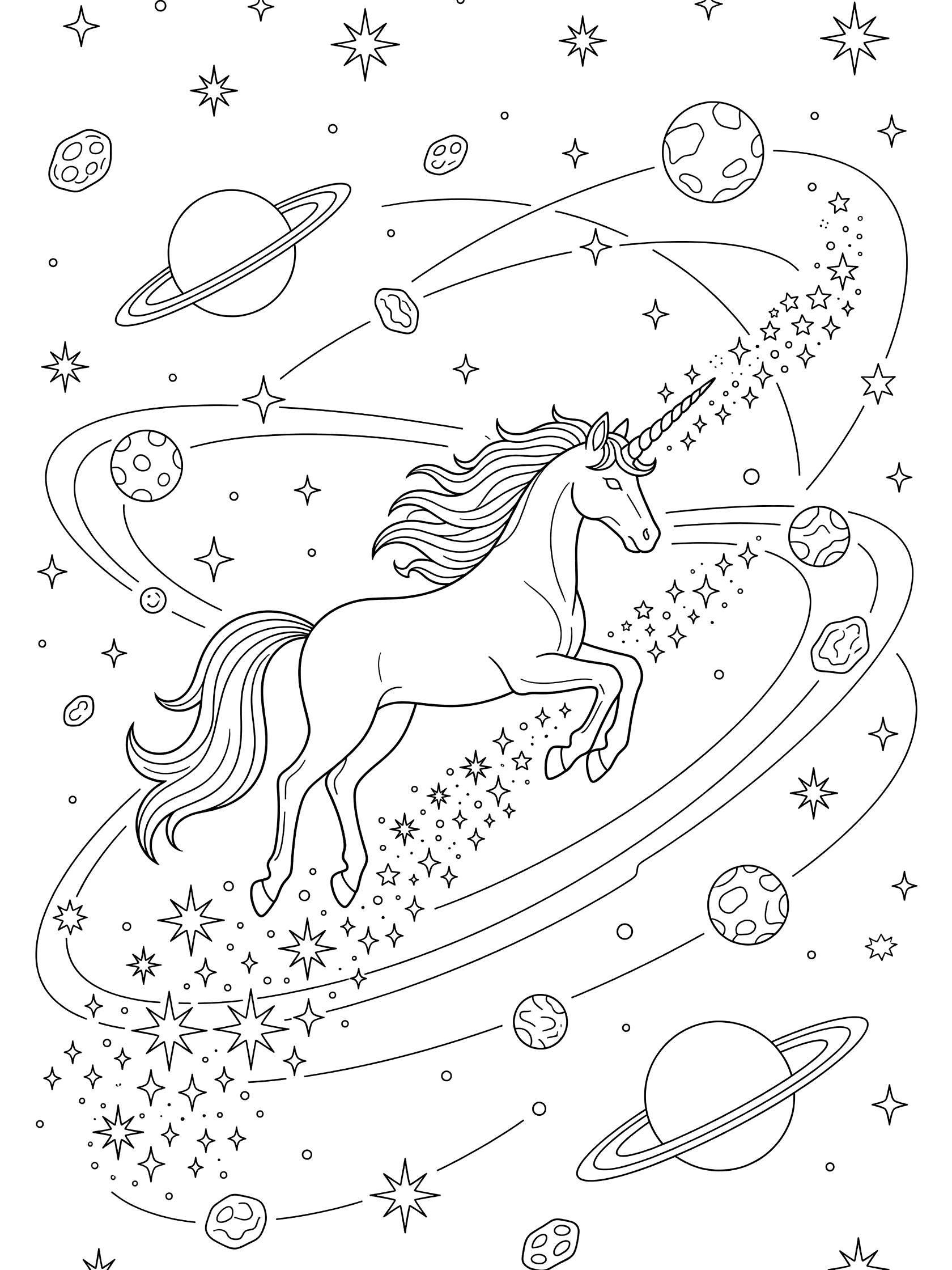 Black and white line art coloring page showing a unicorn leaping in space surrounded by planets, asteroids, stars, and sparkly trails from its horn.
