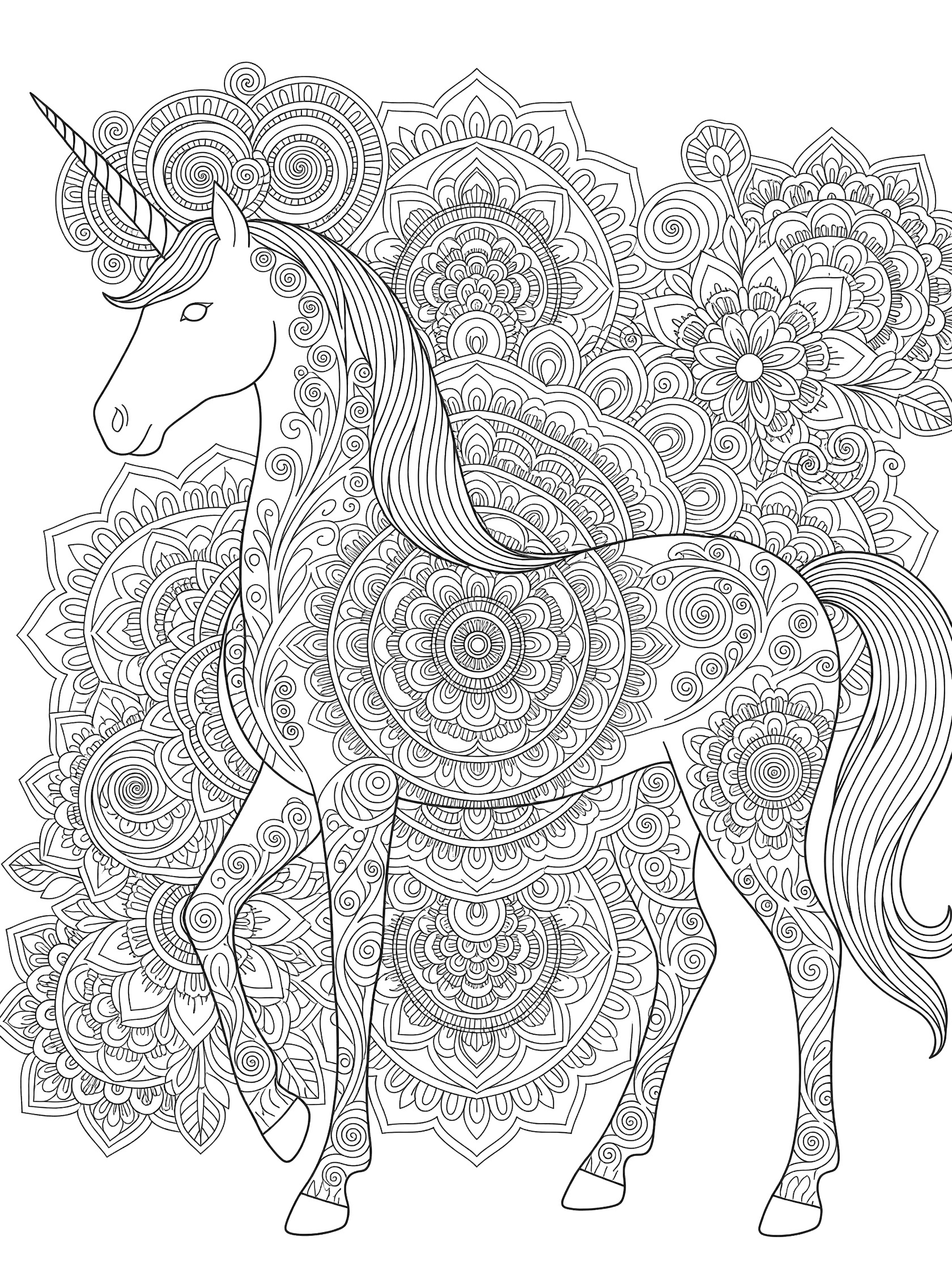 Black and white line art of a unicorn in profile with intricate mandala patterns swirling from its horn around its body, floral motifs, and detailed symmetrical designs. Unicorns themed black and white printable line art