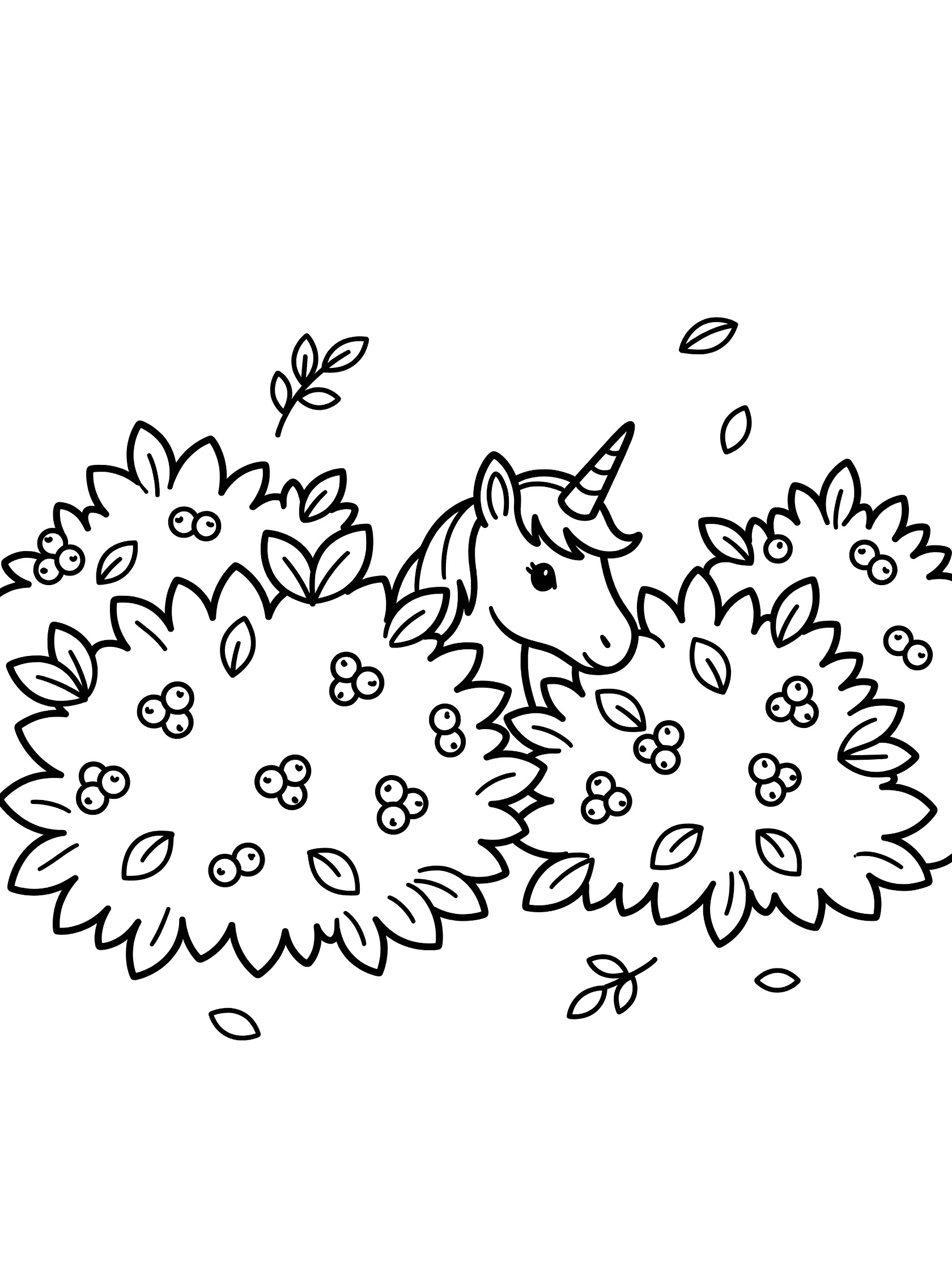 Black and white line art coloring page showing a unicorn peeking curiously from behind bushes with berries and leaves. Unicorns themed black and white printable line art