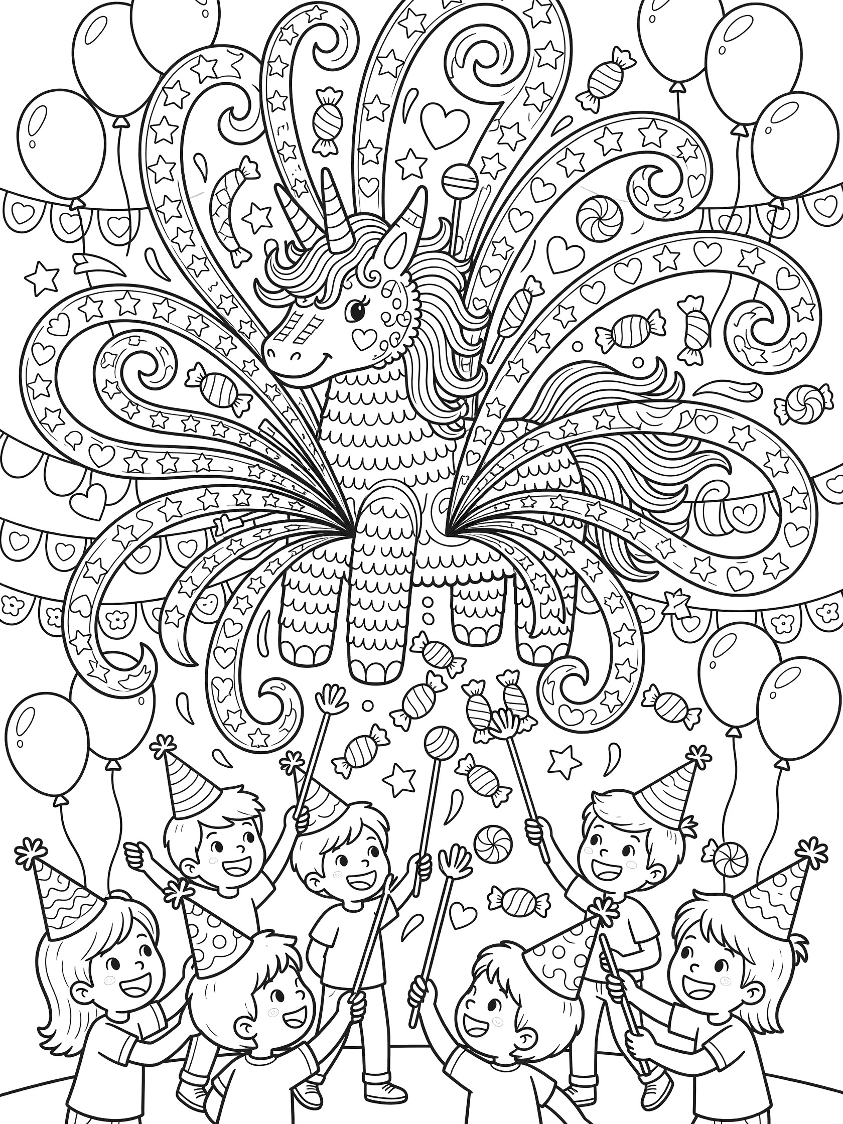 Black and white line art coloring page showing a unicorn piñata bursting open with swirling streamers, candy, stars and hearts spilling out, kids in party hats swinging sticks, balloons and garlands in the background.