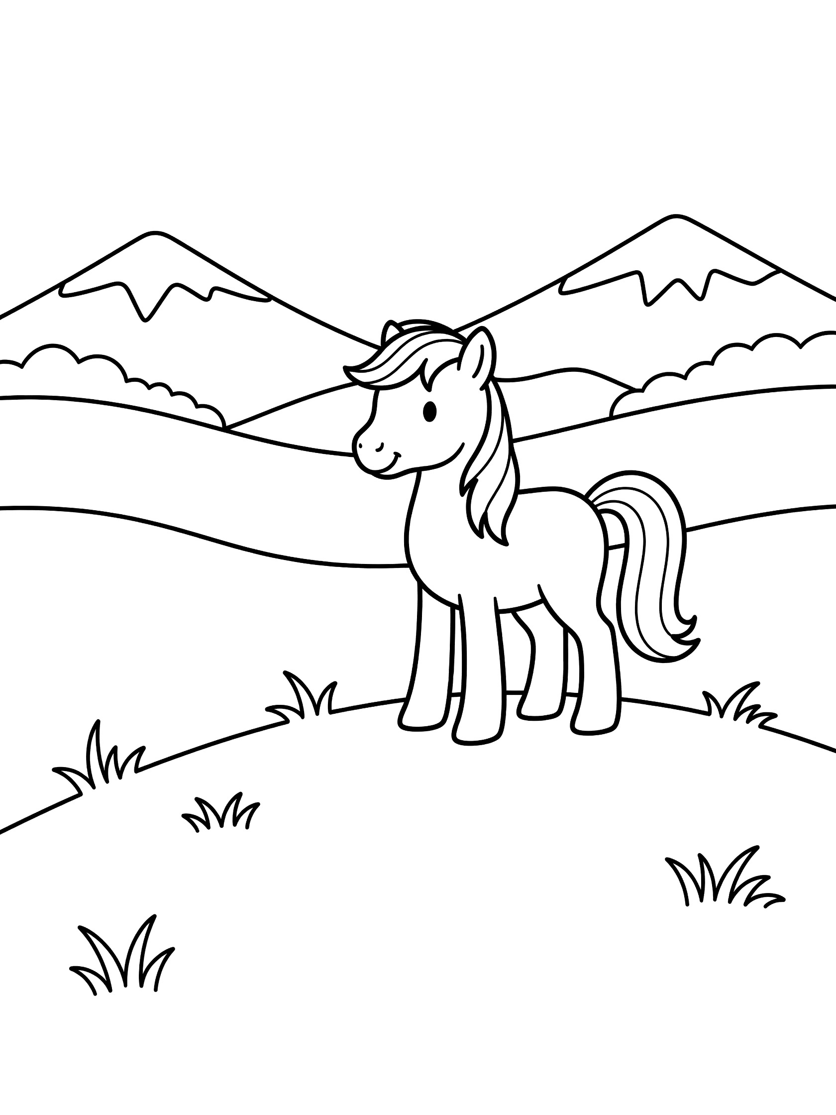 Black and white coloring page of a cartoon unicorn pony with horn on a grassy hilltop, looking at distant mountains and rolling hills.