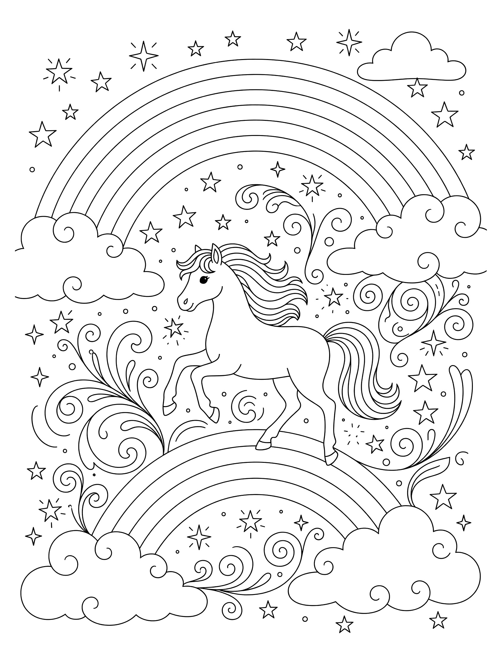 Black and white line art coloring page showing a unicorn with horn and flowing mane jumping under a large rainbow, surrounded by fluffy clouds, sparkling stars, and doodle swirls. Pony themed black and white printable line art