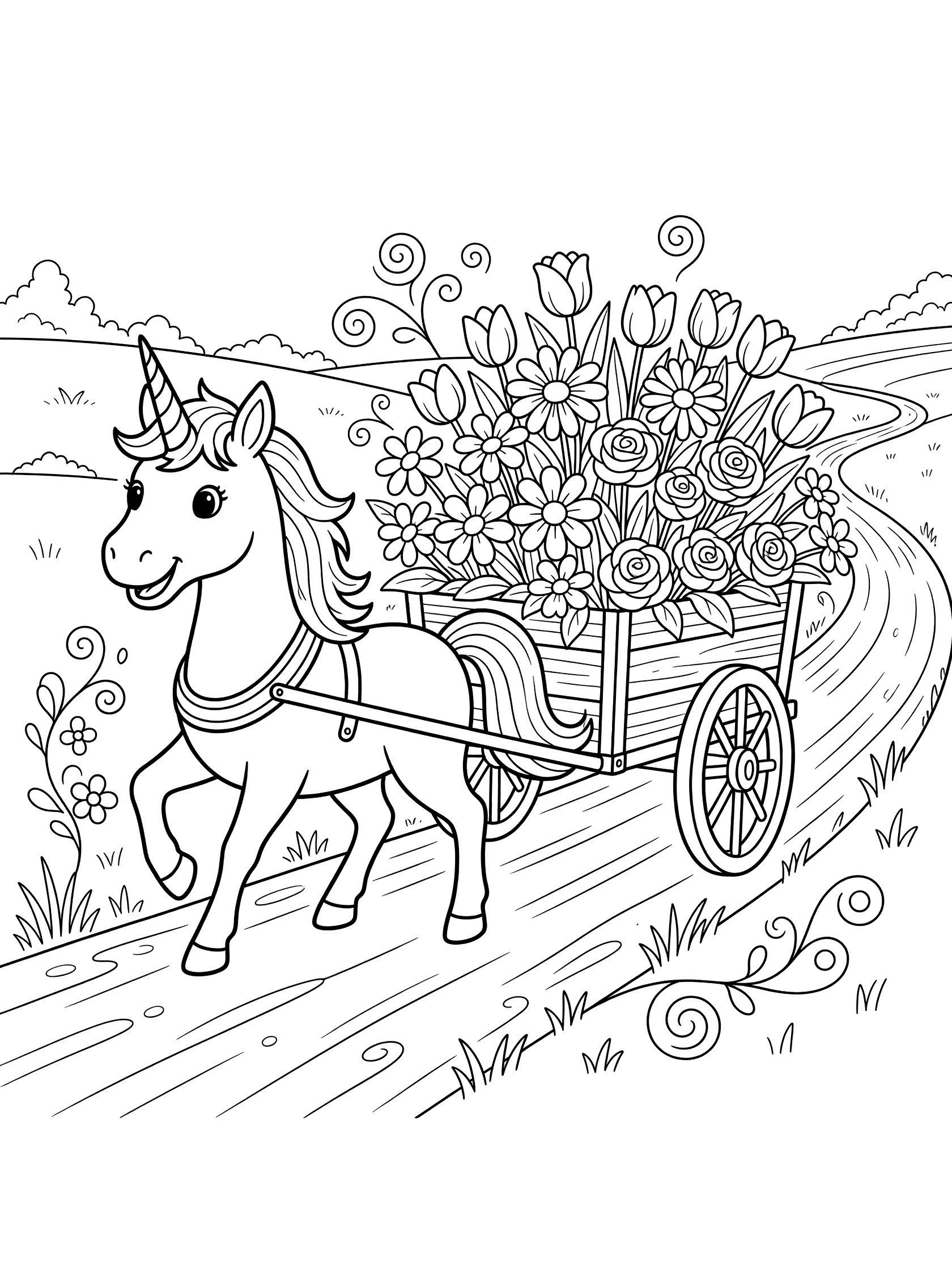 Printable coloring page showing a happy unicorn with a horn pulling a cart overflowing with flowers like tulips and daisies along a winding path with vines and hills.