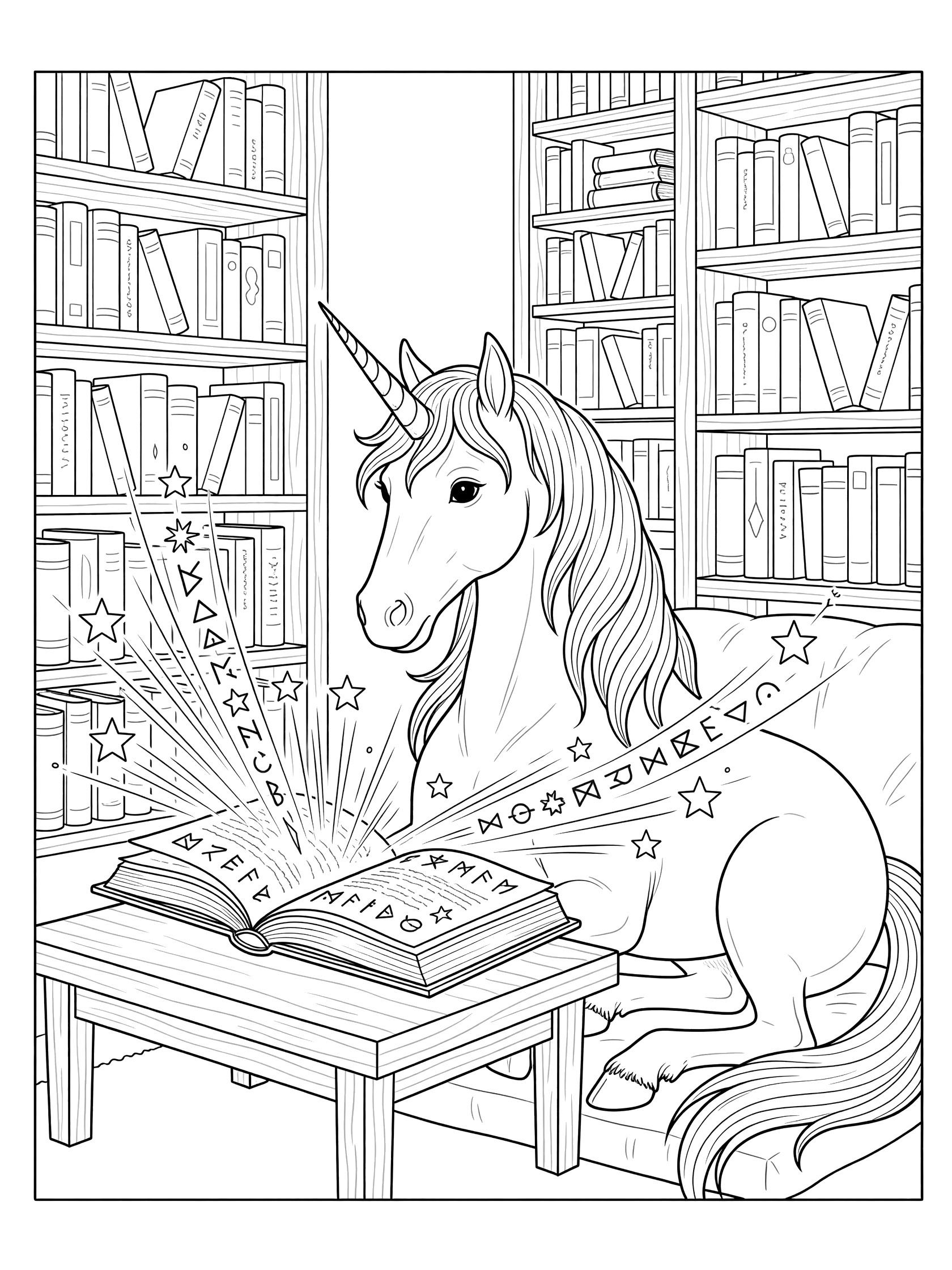 Black and white line art coloring page showing a wise unicorn sitting and reading a large open book with glowing runes and stars in a library surrounded by bookshelves.