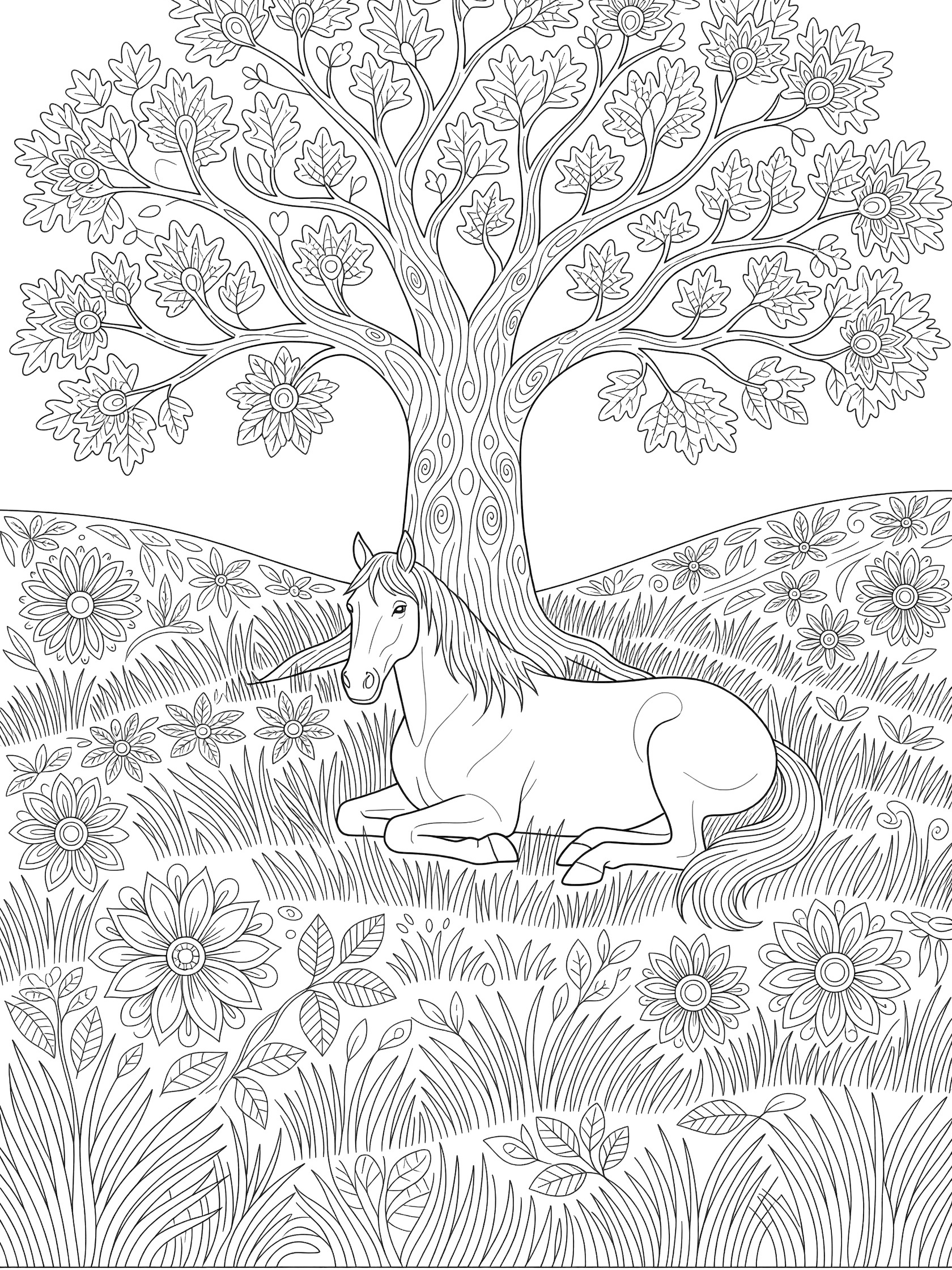 Black and white coloring page of a unicorn lying down under a large tree on a hill with grass and flowers. Mustang themed black and white printable line art