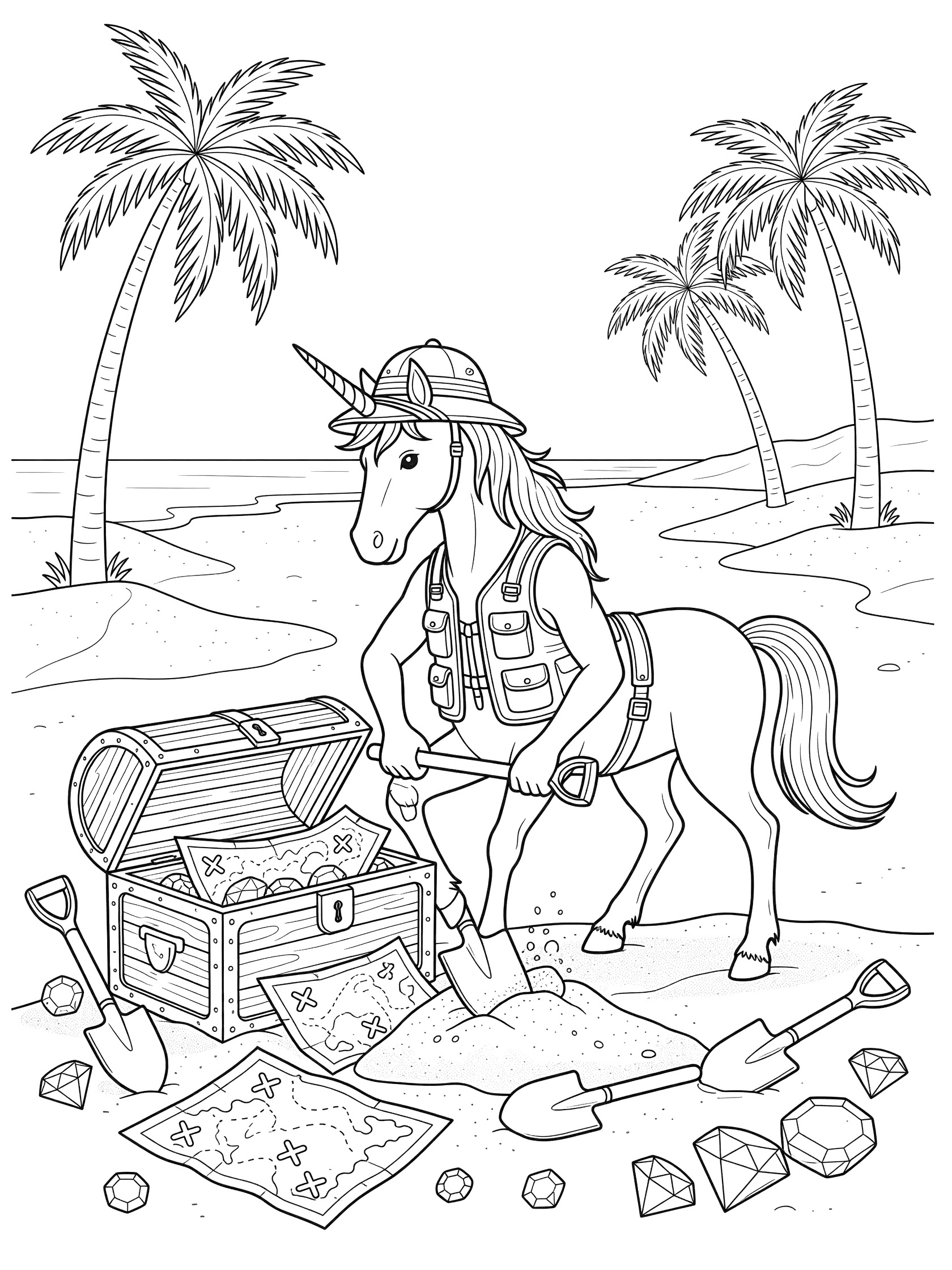 Black and white line art coloring page showing a unicorn in explorer vest and hat digging a treasure chest on sandy beach with palm trees, shovels, map and spilling gems. Unicorns themed black and white printable line art