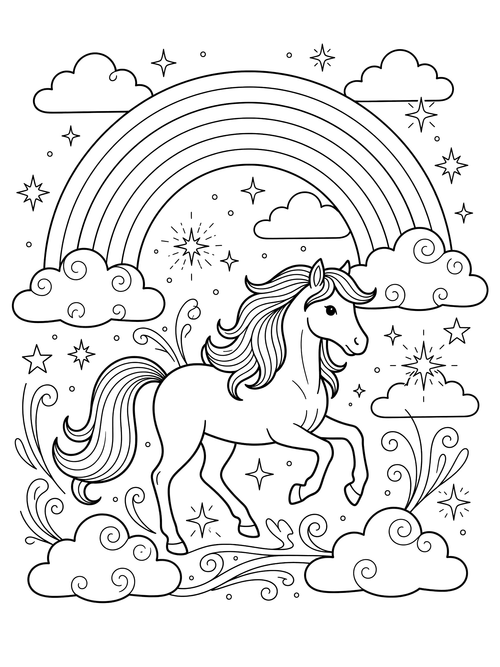 Black and white line art coloring page showing a unicorn horse with long mane and tail under a large arched rainbow, surrounded by fluffy clouds, stars, and swirls. Pony themed black and white printable line art