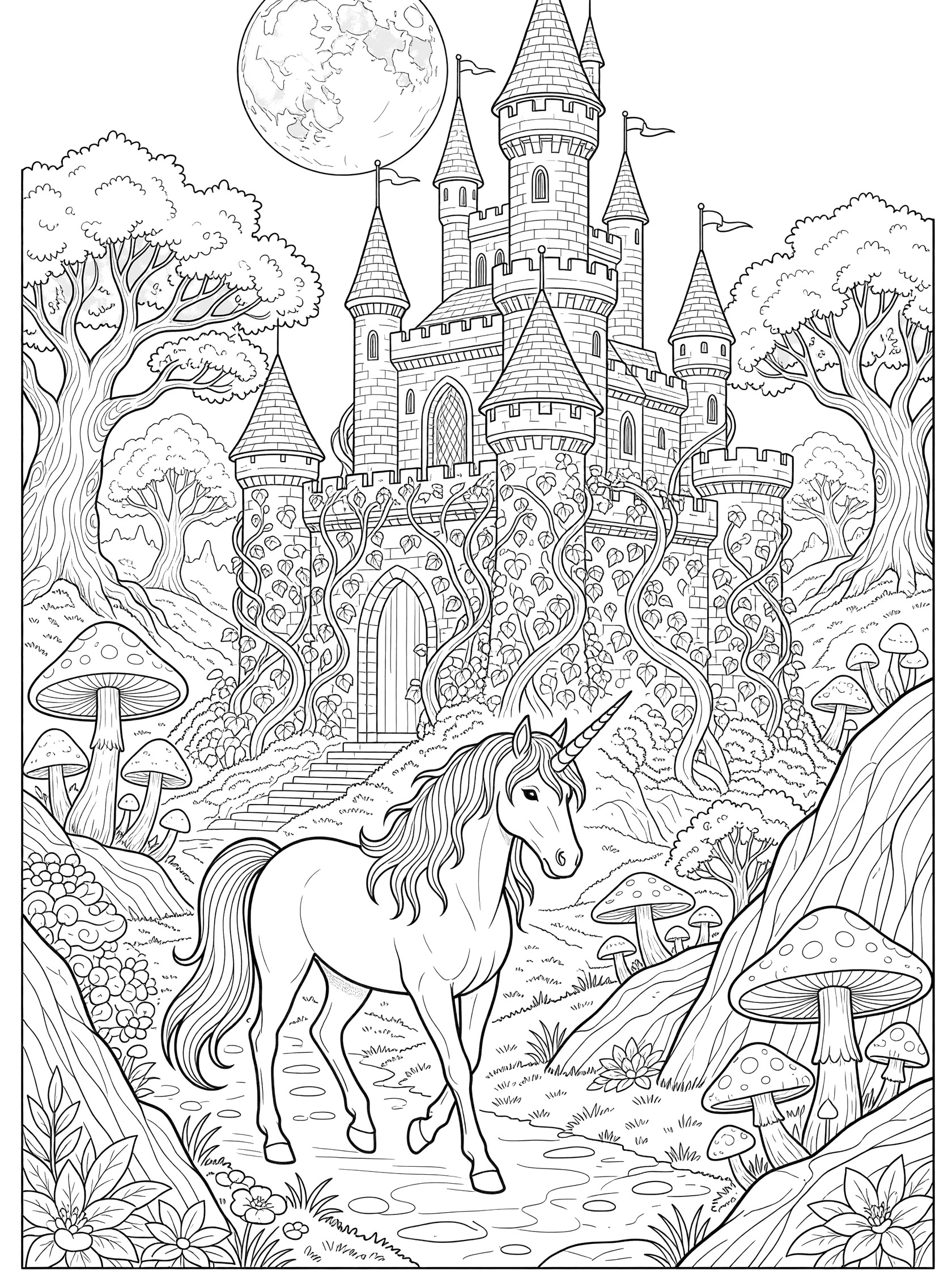 Black and white line art of a unicorn with a horn walking on a path toward a castle with towers and flags, surrounded by trees, mushrooms, rocks, vines, and a large moon. Unicorns themed black and white printable line art