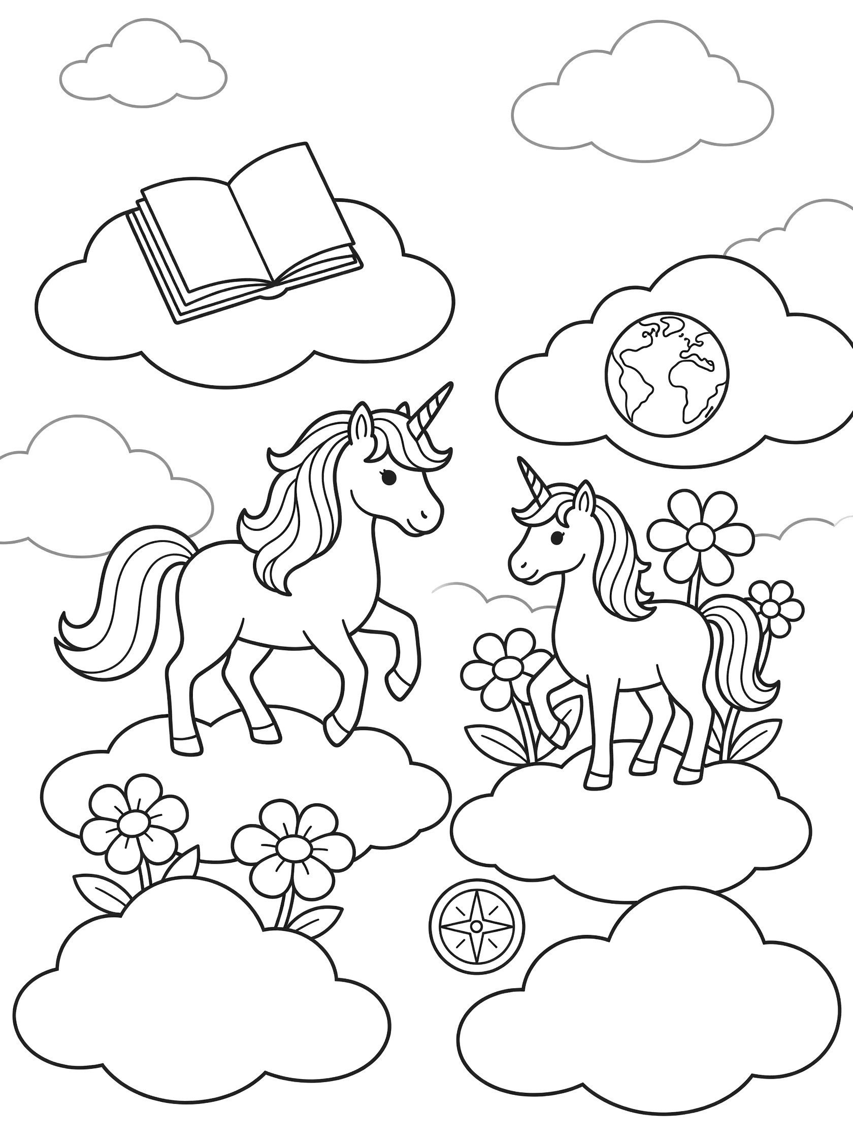 Black and white coloring page of two cute unicorns standing on clouds in a garden with flowers, world globe, compass, and book