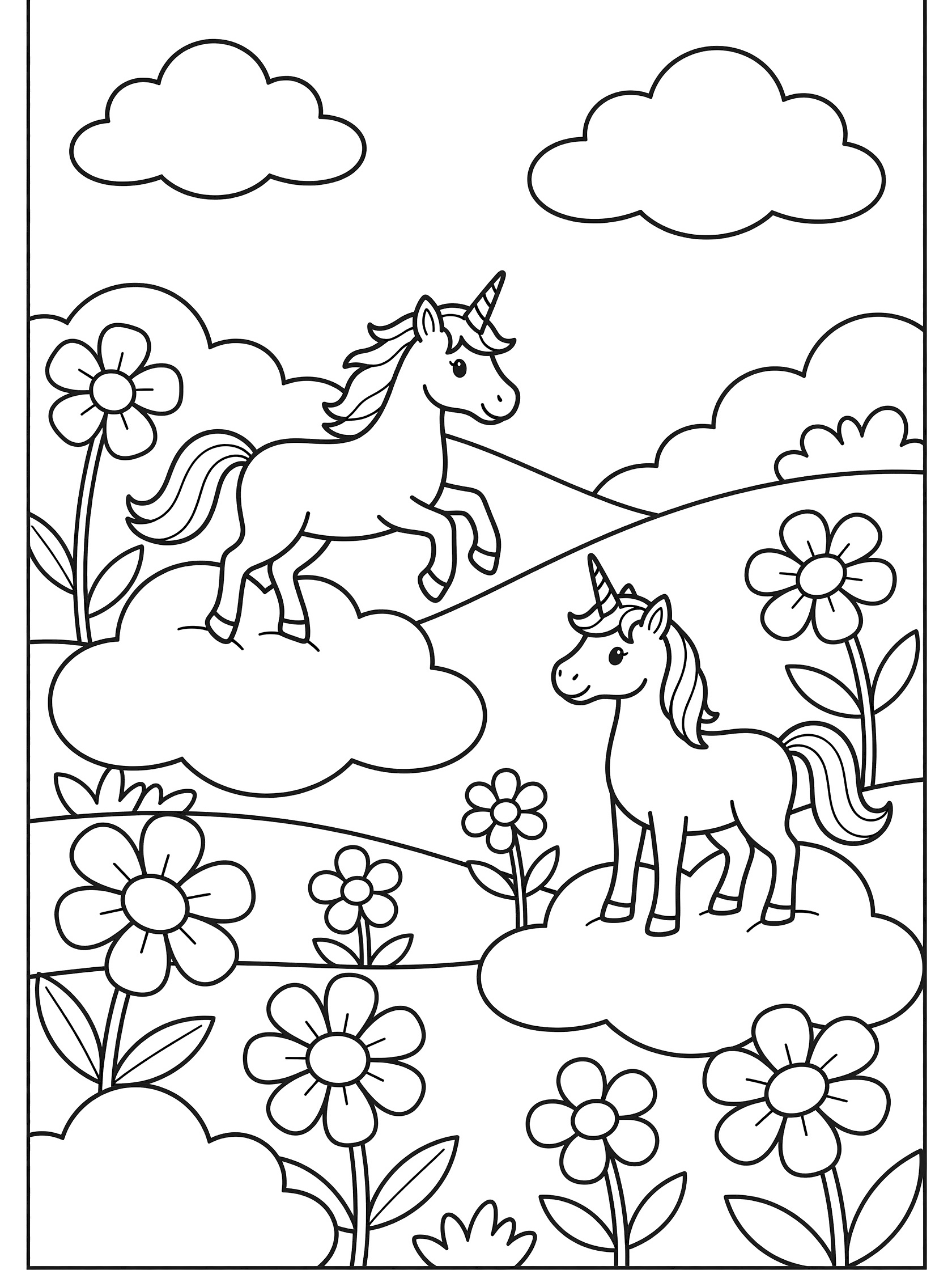 Black and white coloring page of two cute unicorns on clouds in a garden with flowers and hills, storybook style for easy coloring.