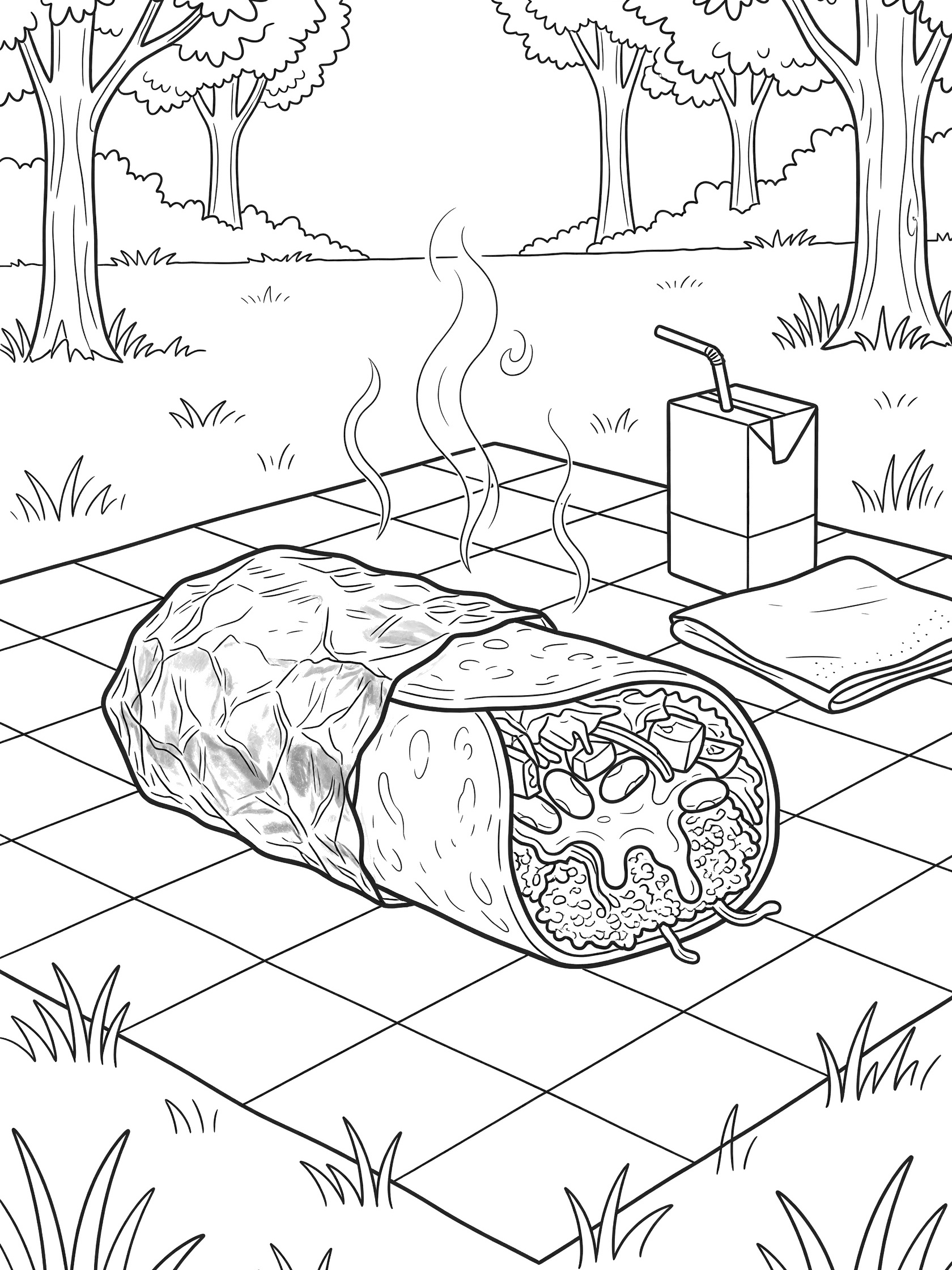 Black-and-white coloring page showing a steamy burrito unwrapped on a picnic blanket in a park, with juice box, napkin, grass, and trees.